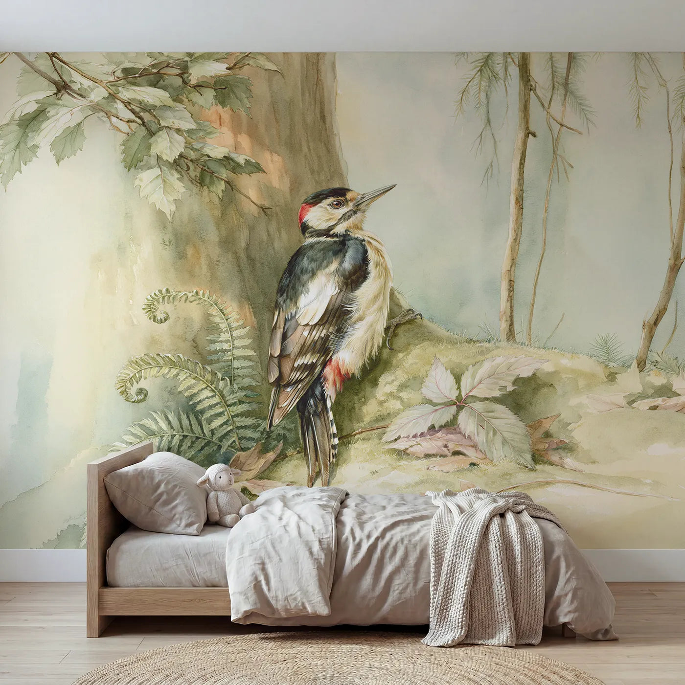 Watercolor wall mural of a woodpecker at rest by Whimsy Tots