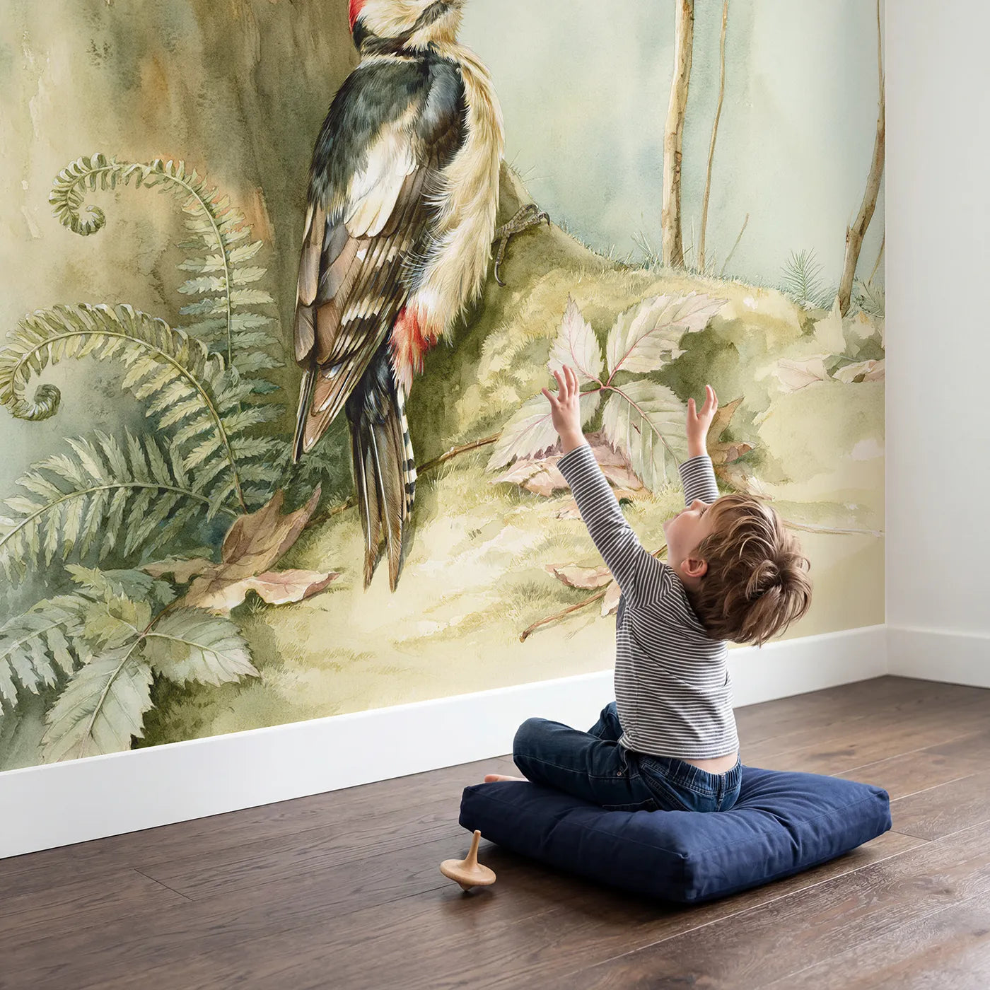 Child in nursery with Woodpecker Tree Study Wallpaper Mural by Whimsy Tots