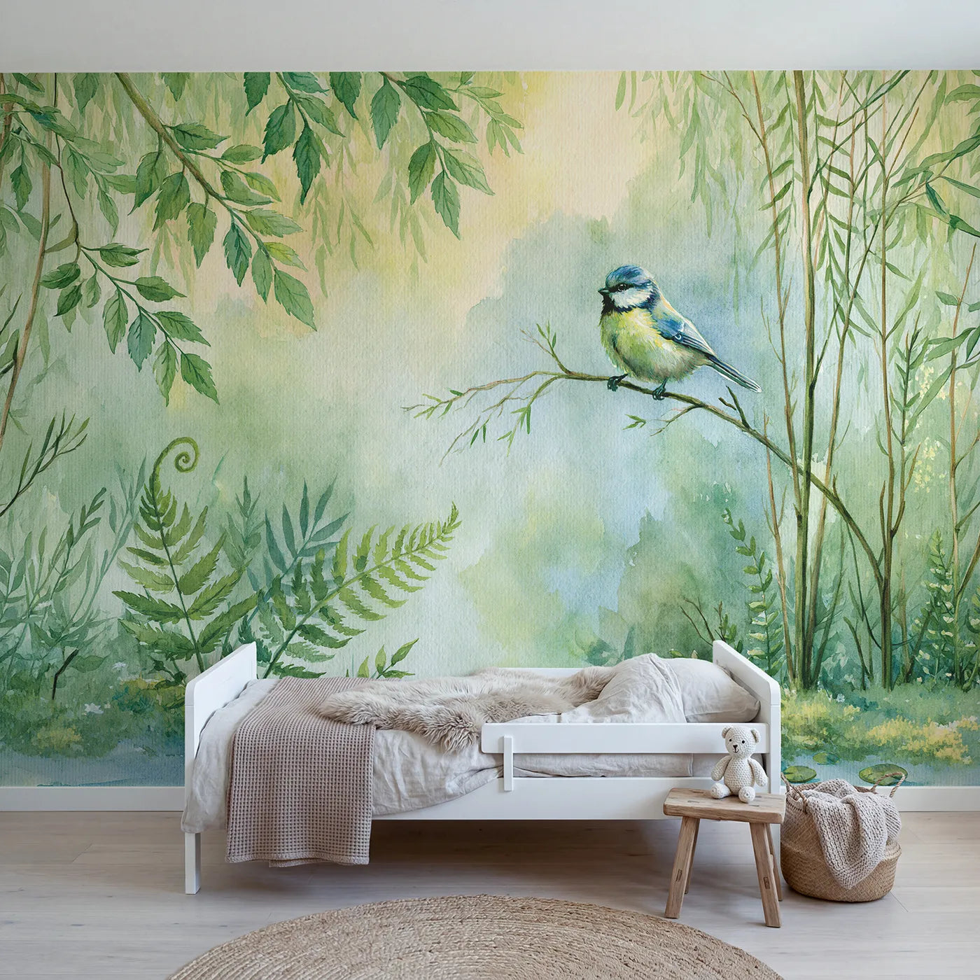 Watercolor wall mural of a blue tit on a fine twig by Whimsy Tots