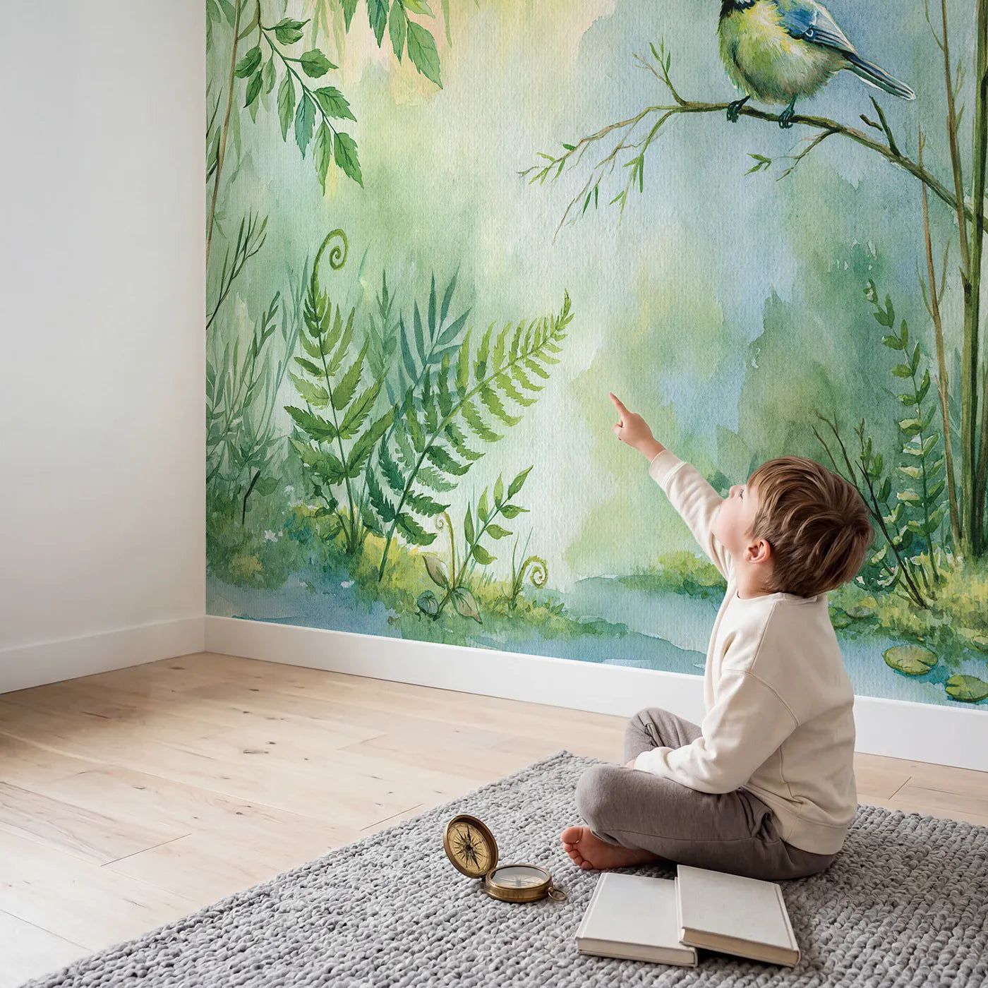 Child in nursery with Blue Tit Perch Wallpaper Mural by Whimsy Tots
