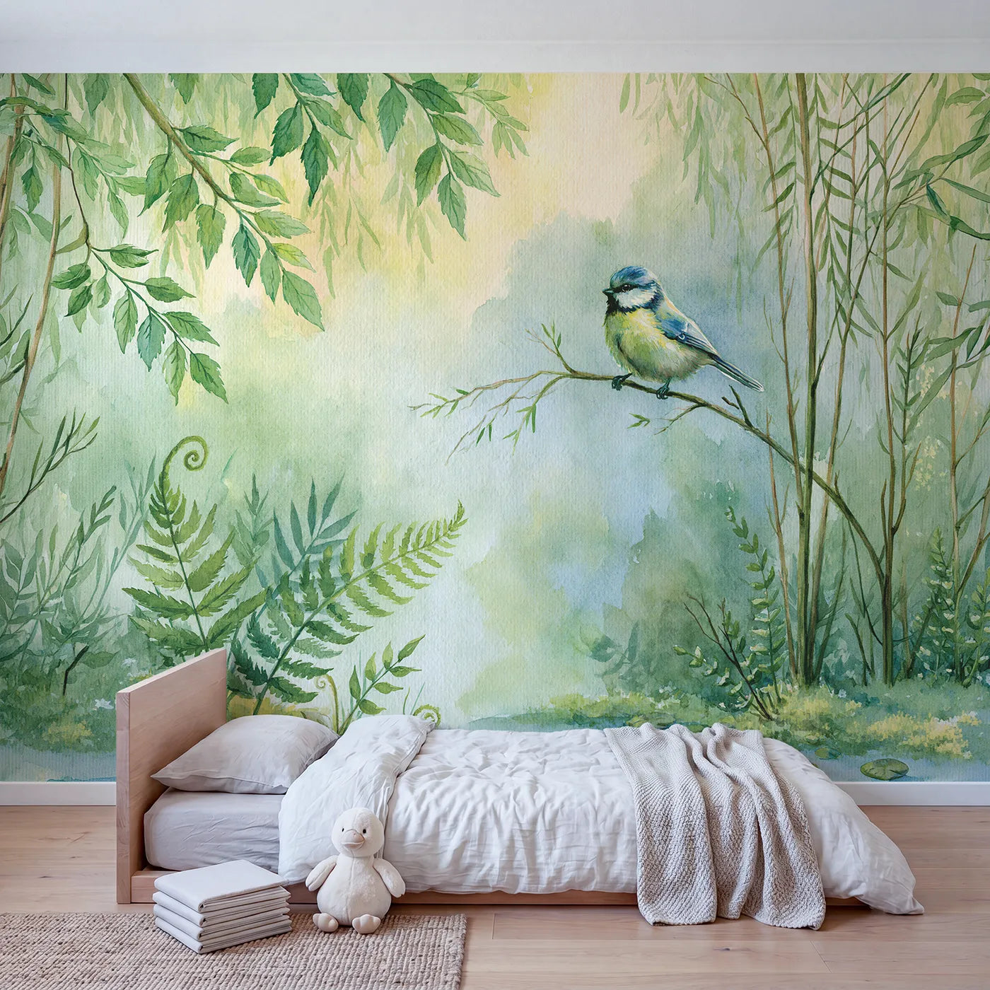 Blue Tit Perch Wallpaper Mural in playroom setting by Whimsy Tots