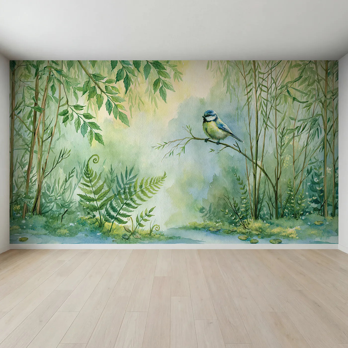 Full view of Blue Tit Perch Wallpaper Mural by Whimsy Tots