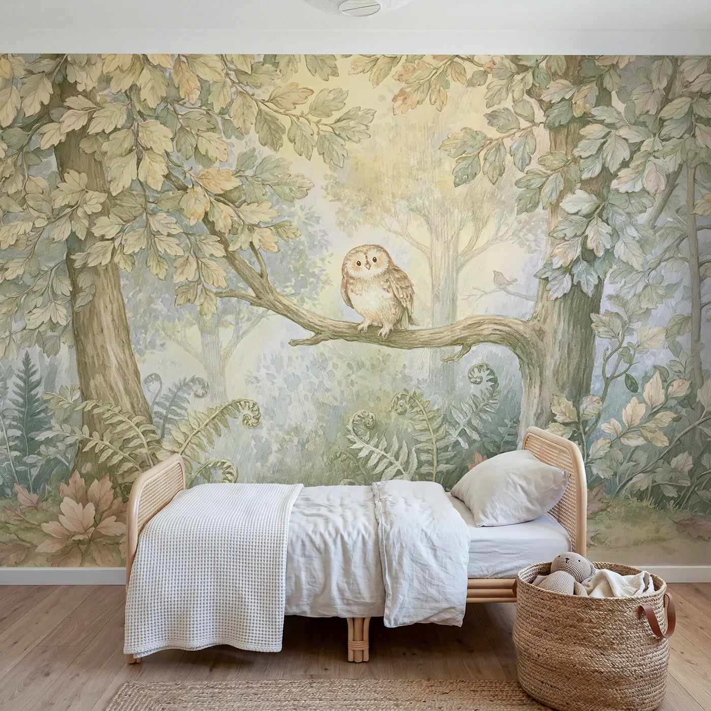 Storybook wall mural of a friendly forest owl by Whimsy Tots