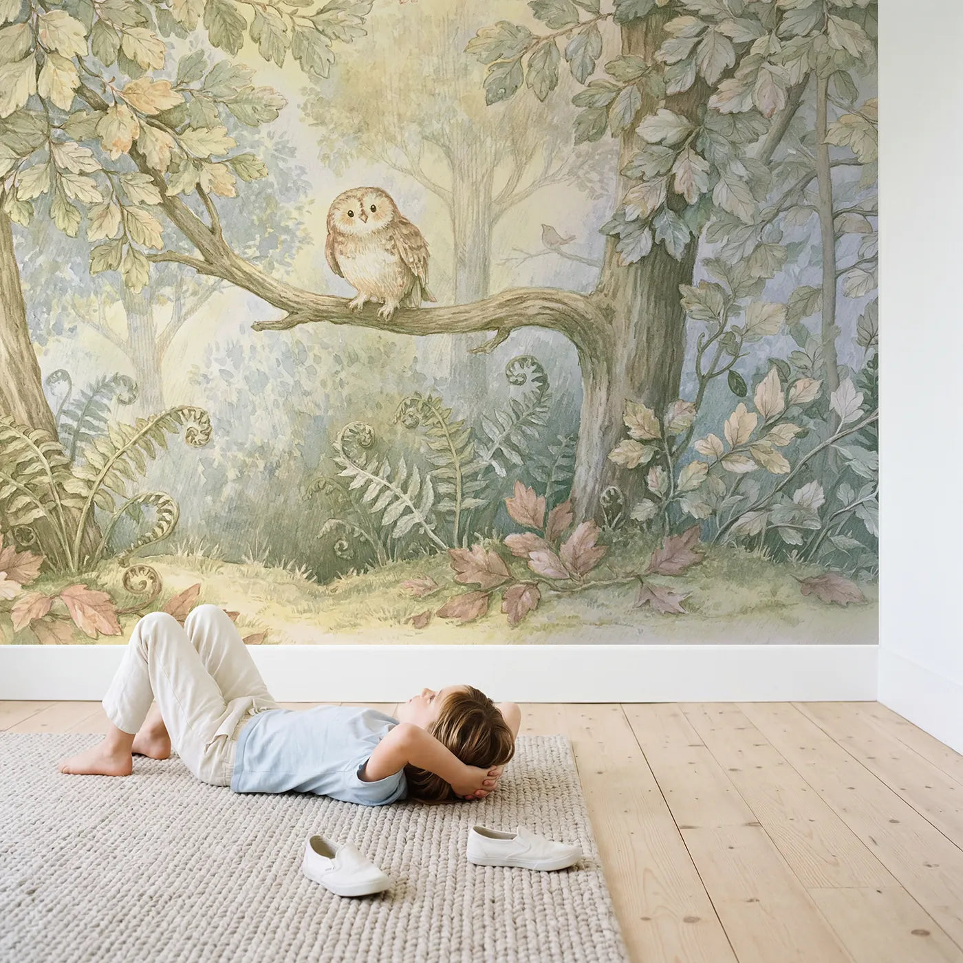 Child in nursery with Friendly Forest Owl Wallpaper Mural by Whimsy Tots