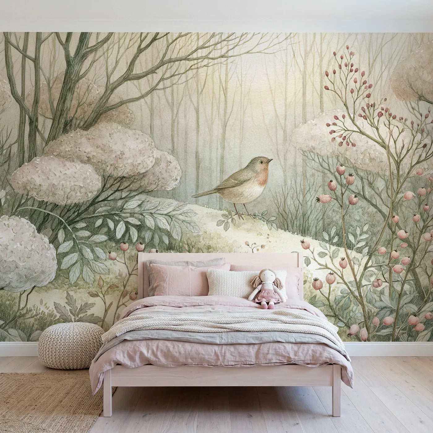 Storybook wall mural of a cheerful robin friend by Whimsy Tots