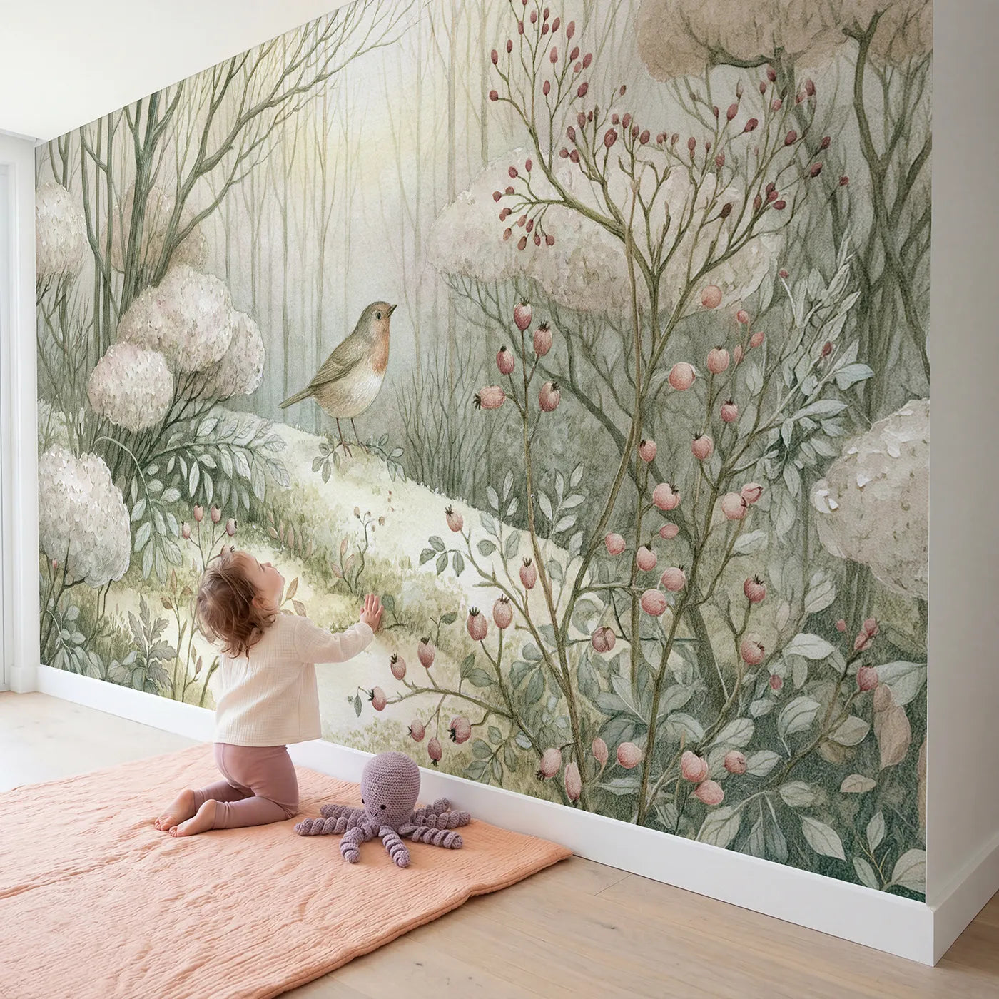 Child in nursery with Robin Winter Friend Wallpaper Mural by Whimsy Tots