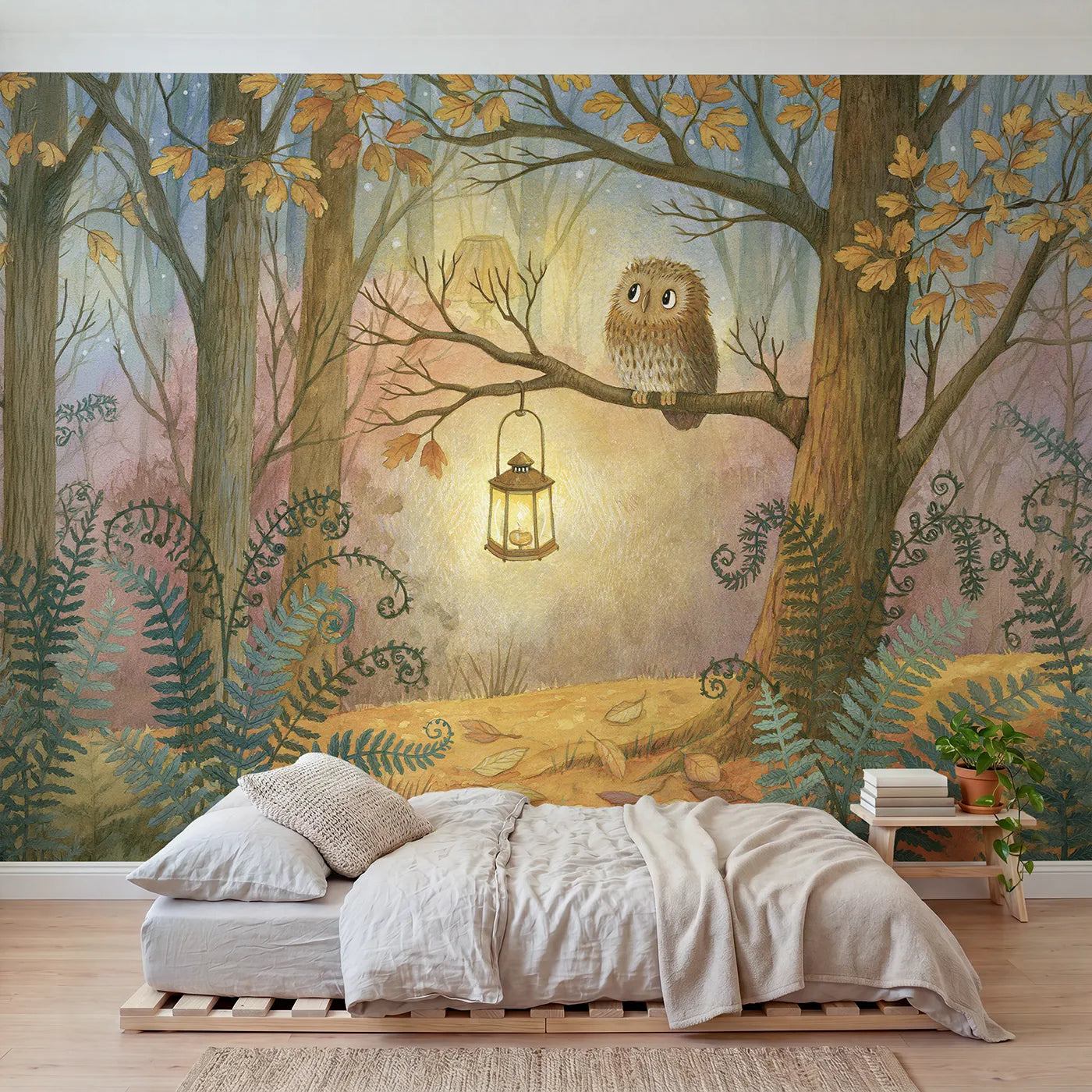 Storybook wall mural of an owl with a lantern by Whimsy Tots