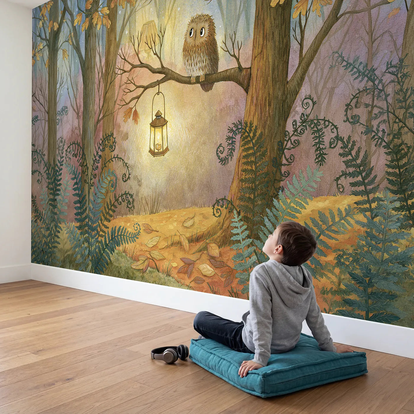 Child in nursery with Owl and Lantern Wallpaper Mural by Whimsy Tots