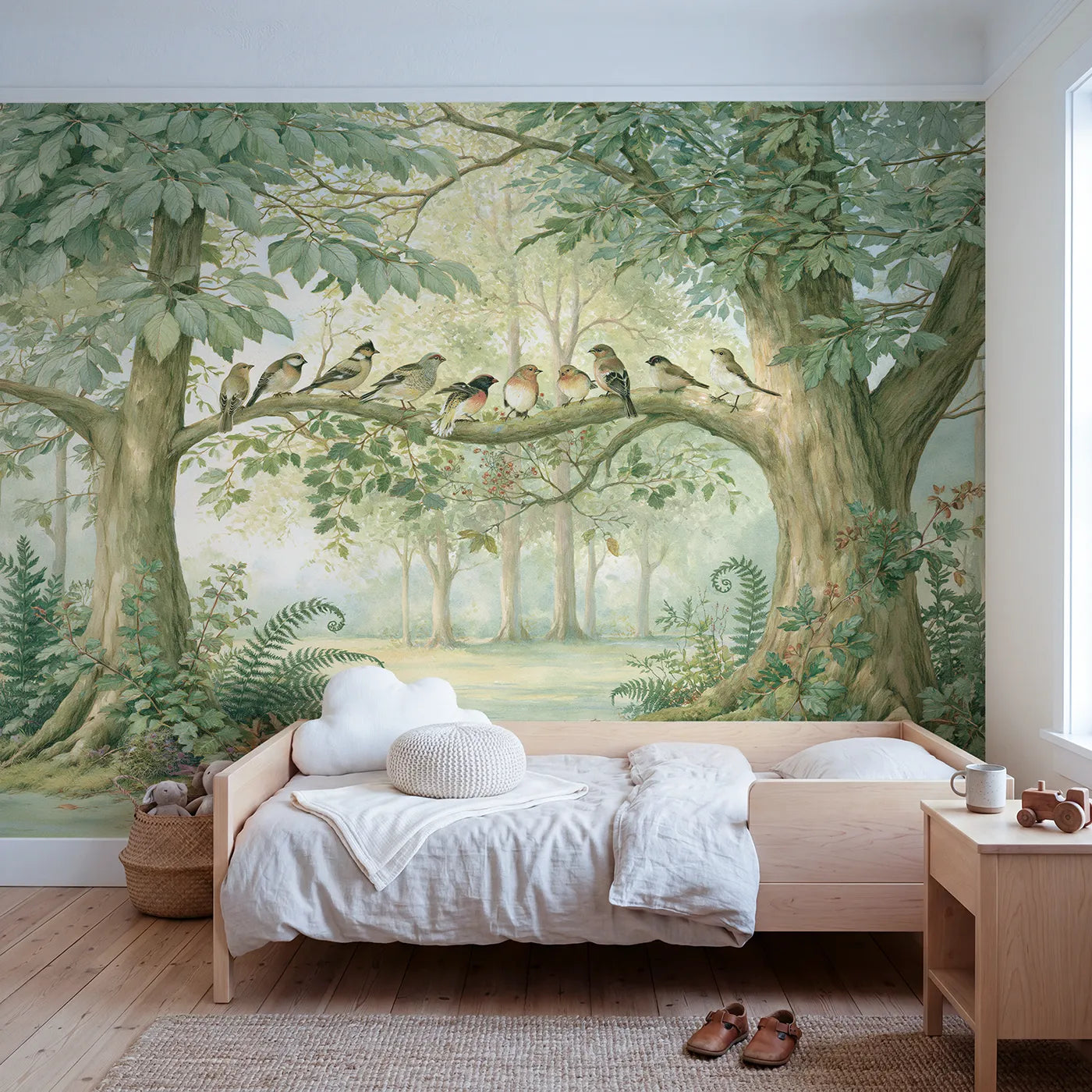 Storybook wall mural of a songbird story tree by Whimsy Tots