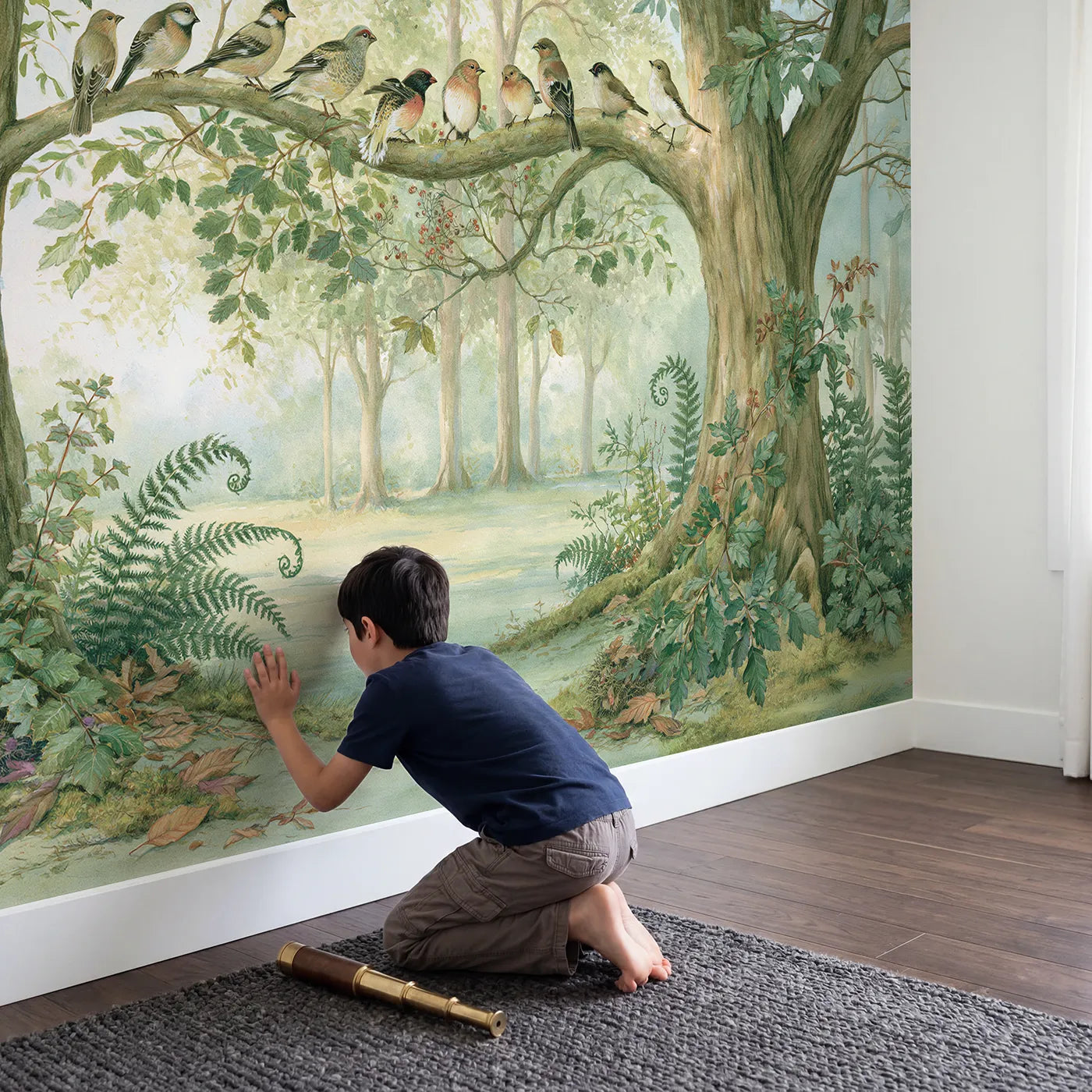 Child in nursery with Songbird Story Tree Wallpaper Mural by Whimsy Tots