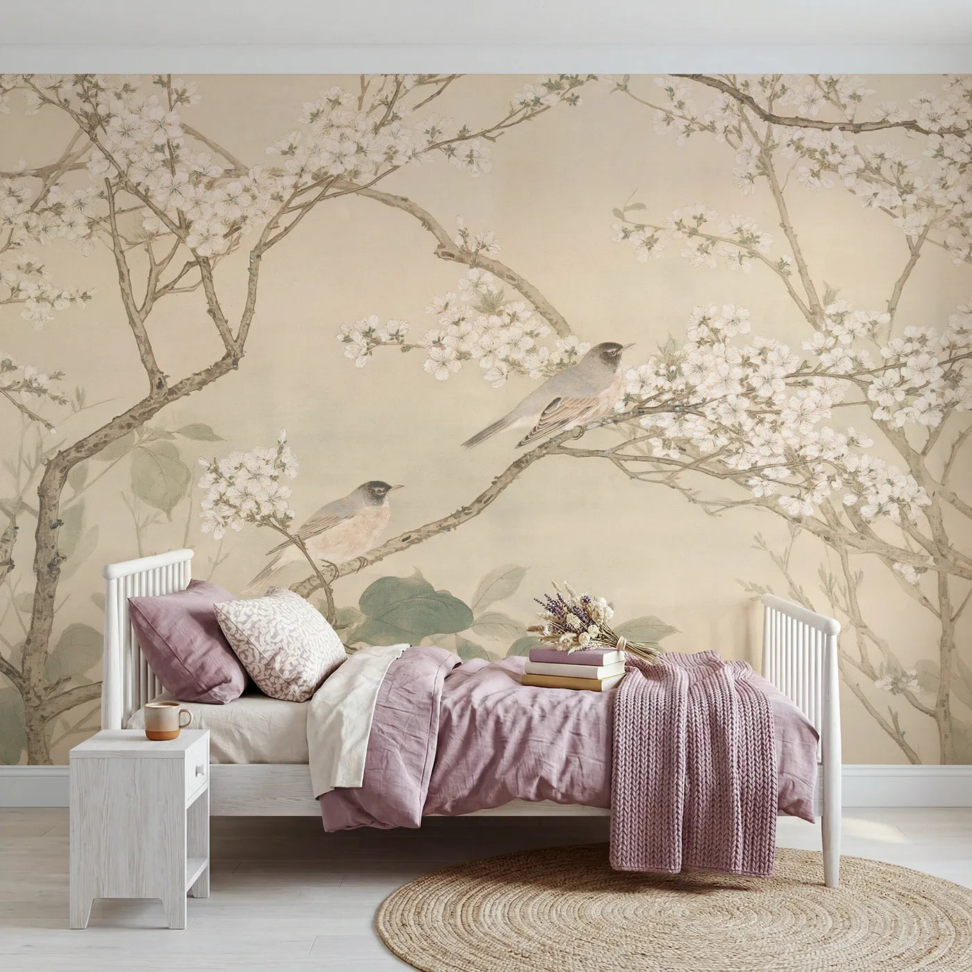 Botanical Elegance robins among plum blossom, wall mural for a big-kid bedroom by Whimsy Tots