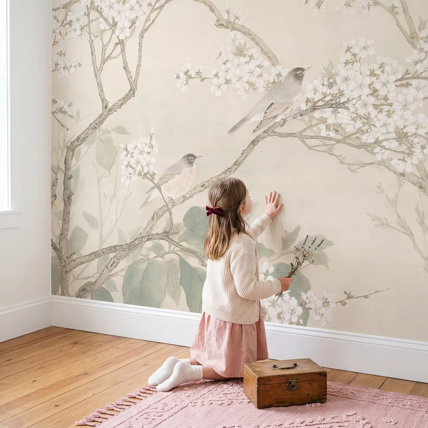 Child in nursery with The Plum Blossom Canopy Wallpaper Mural by Whimsy Tots