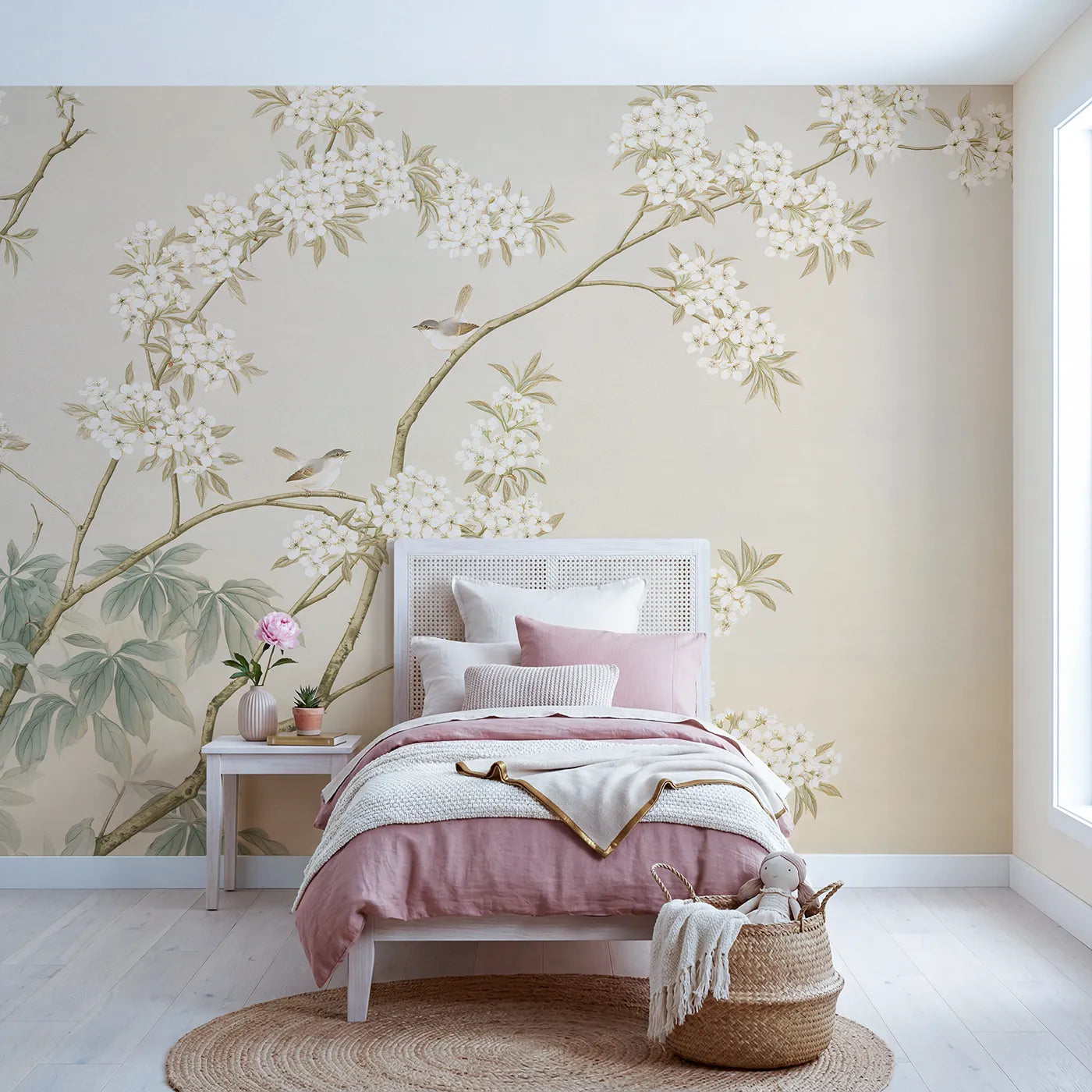 Botanical Elegance wrens among white pear blossom, wallpaper mural for a bedroom by Whimsy Tots