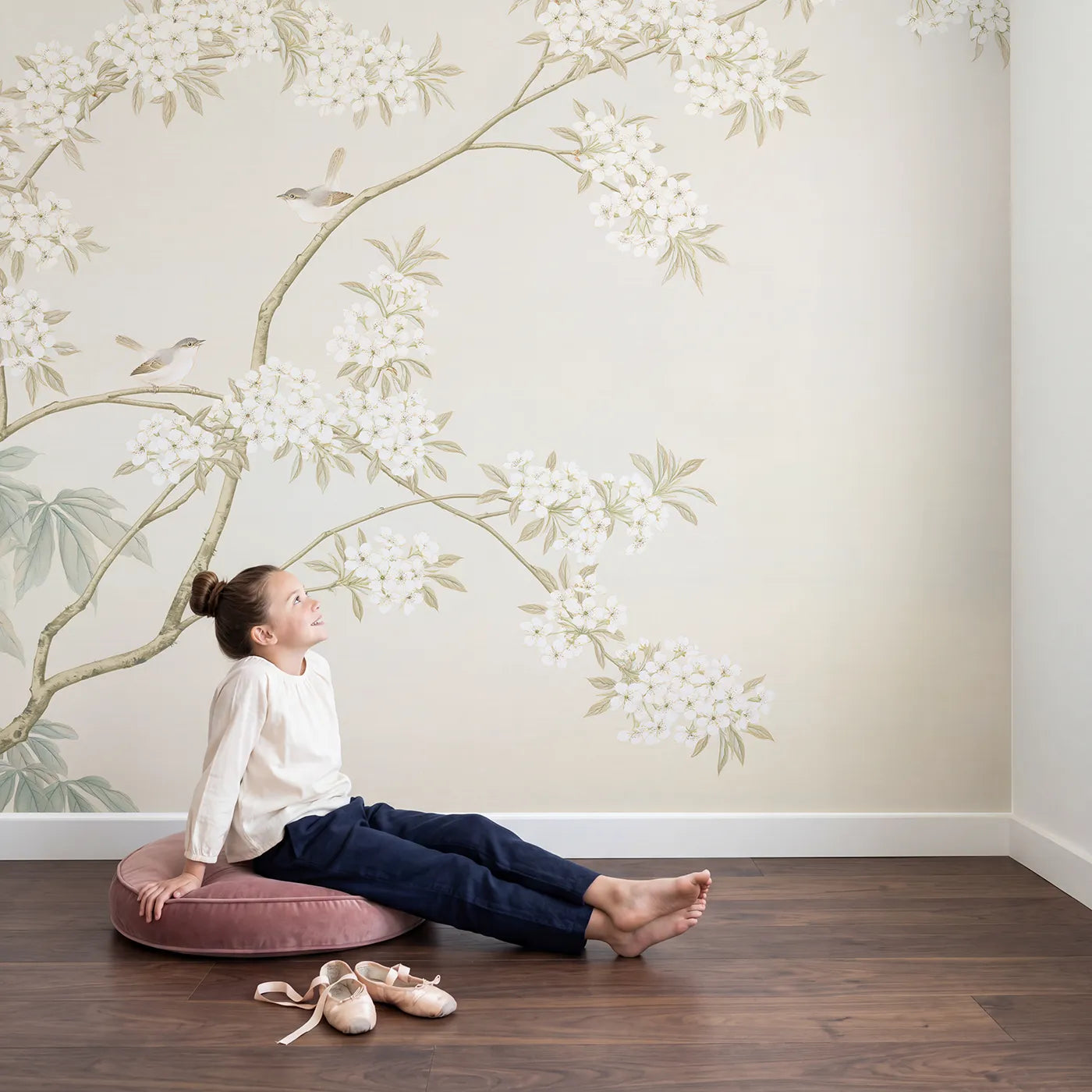 Child in nursery with The Wild Pear Canopy Wallpaper Mural by Whimsy Tots