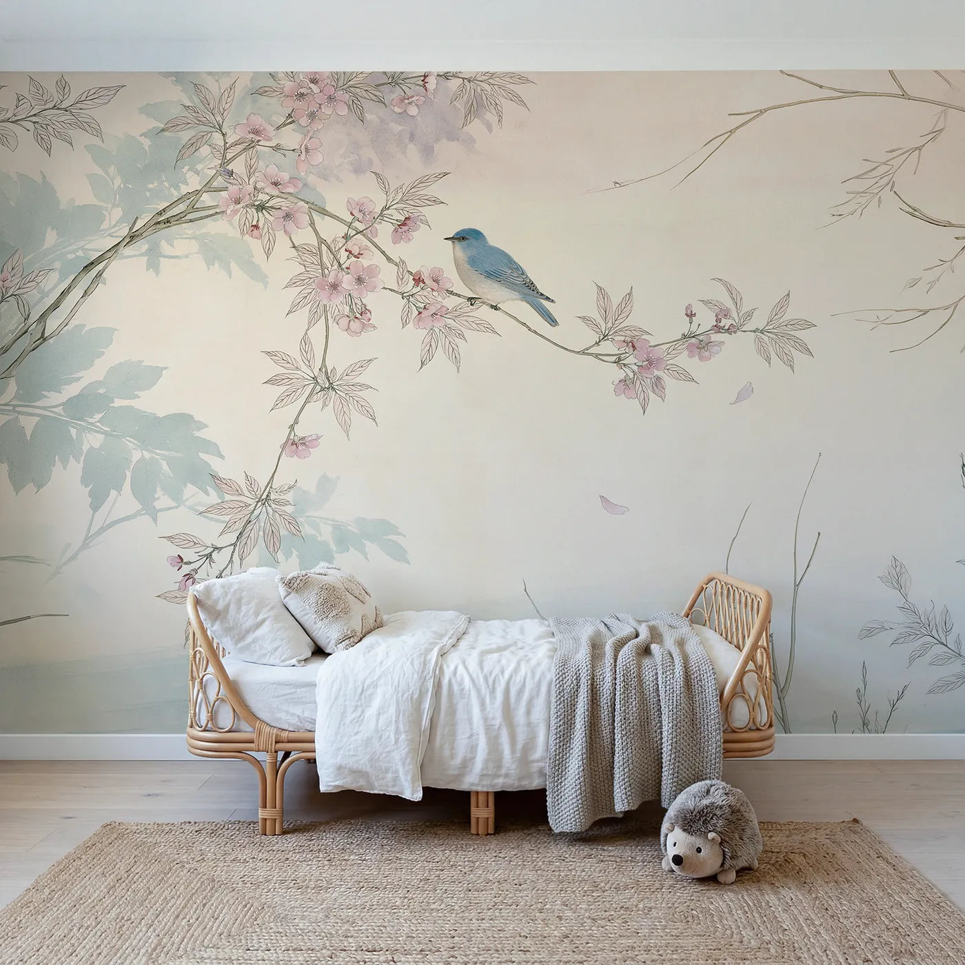 Chinoiserie wall mural of a bluebird on cherry blossom by Whimsy Tots