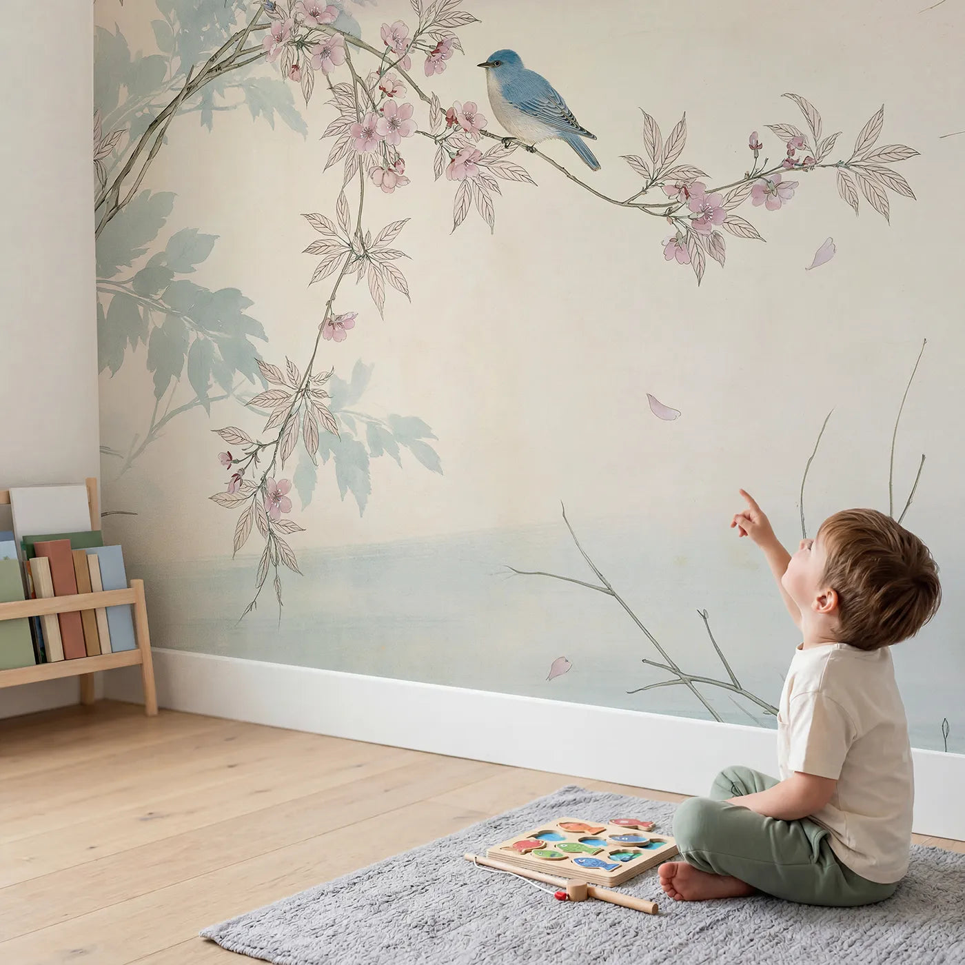 Child in nursery with Bluebird Cherry Branch Wallpaper Mural by Whimsy Tots