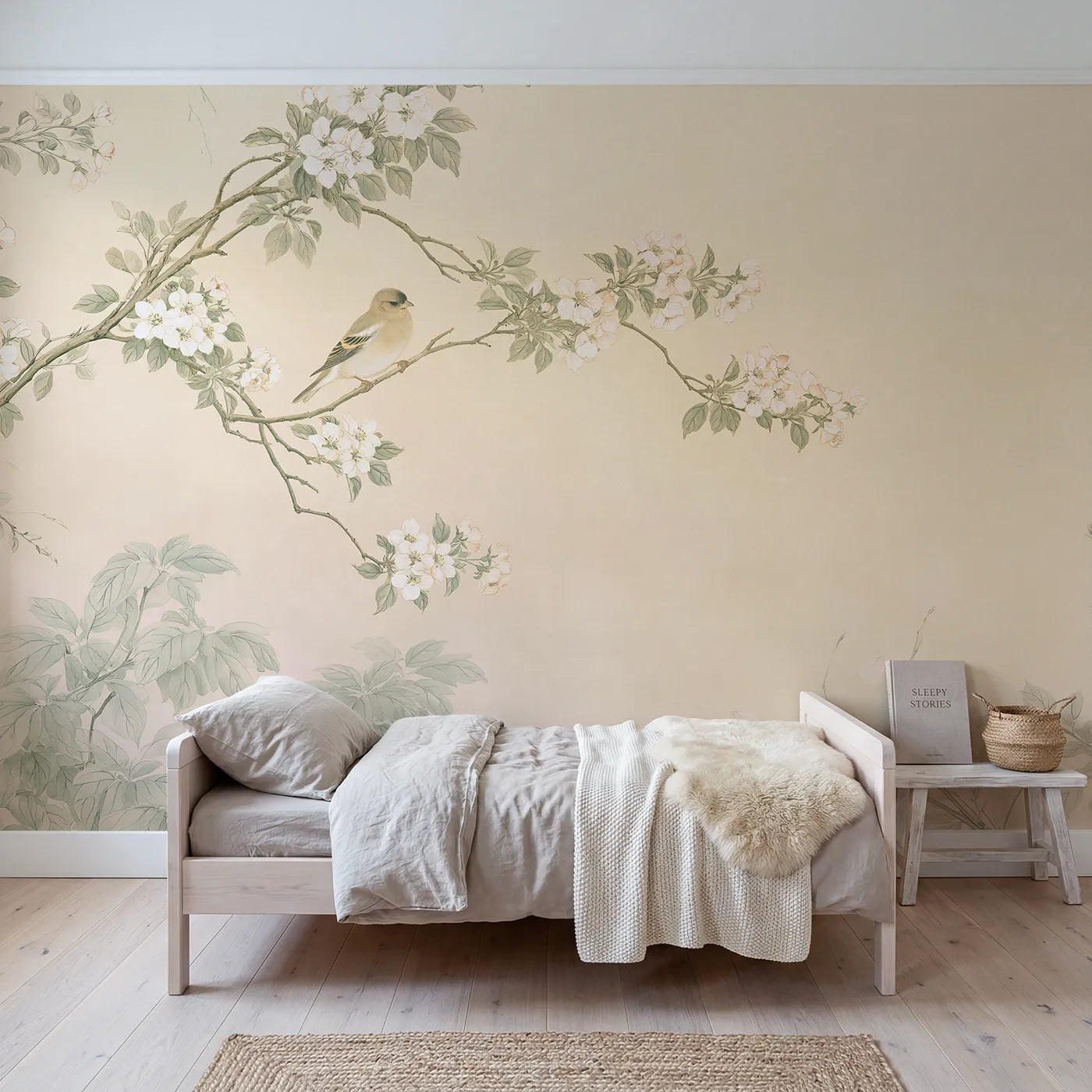 Chinoiserie wall mural of a goldfinch on apple bloom by Whimsy Tots