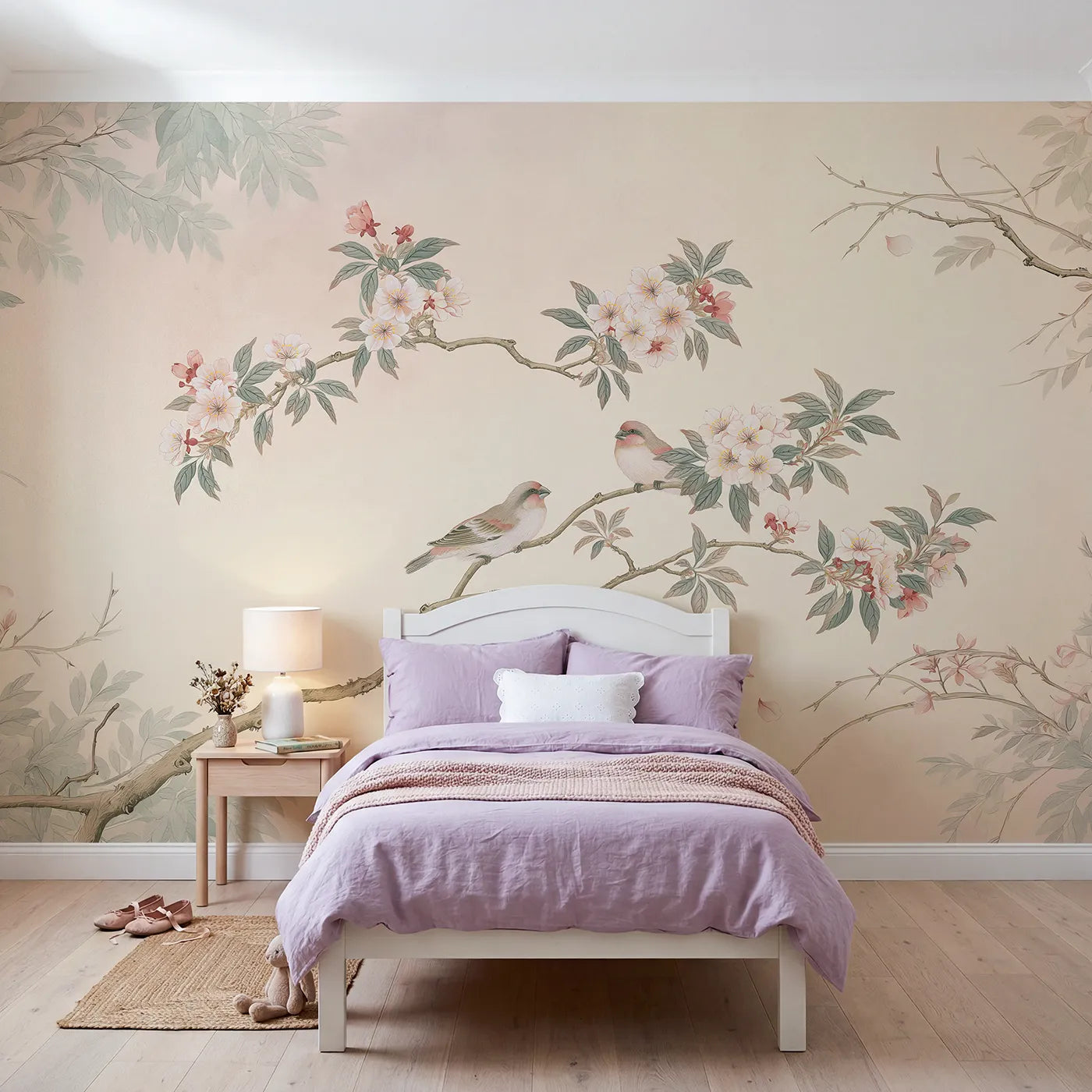 Chinoiserie wall mural of a finch pair on blossom by Whimsy Tots