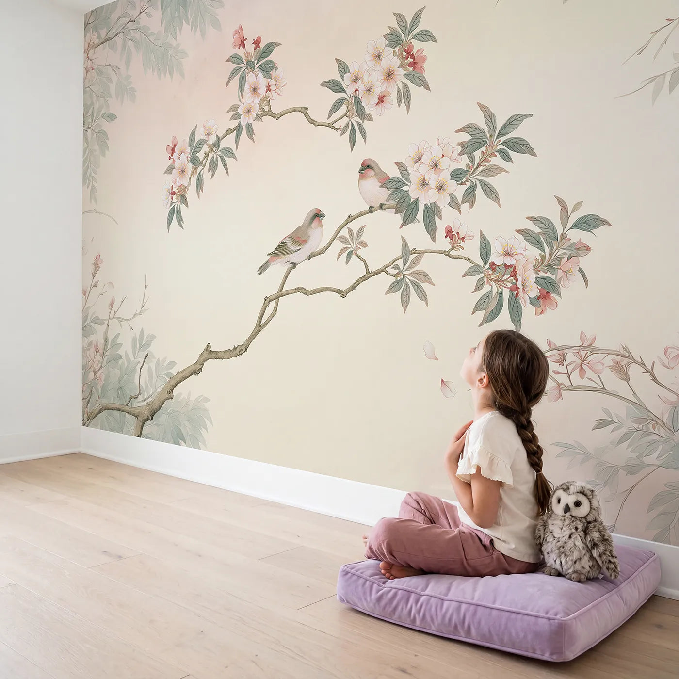 Child in nursery with Finch Pair Blossom Wallpaper Mural by Whimsy Tots