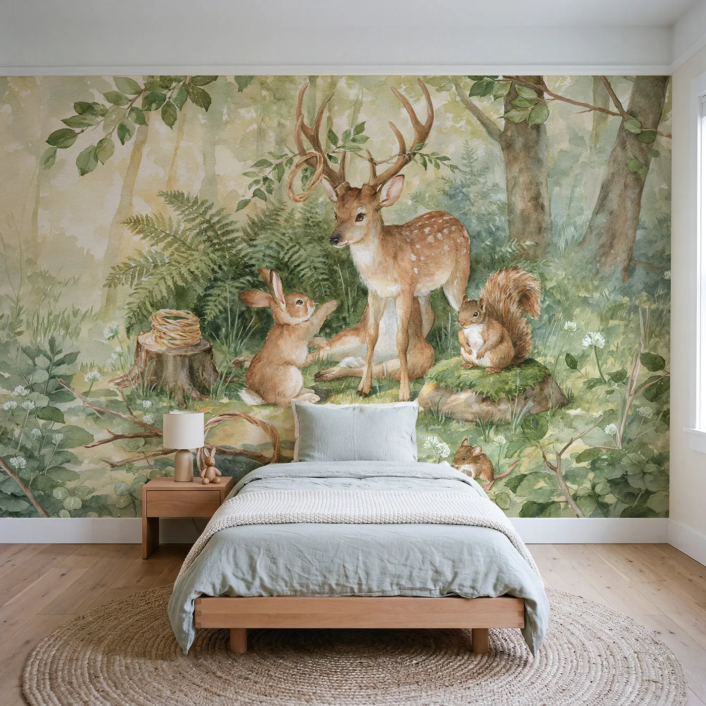 Watercolor ring toss onto a patient stag antlers, wall mural for a playroom by Whimsy Tots