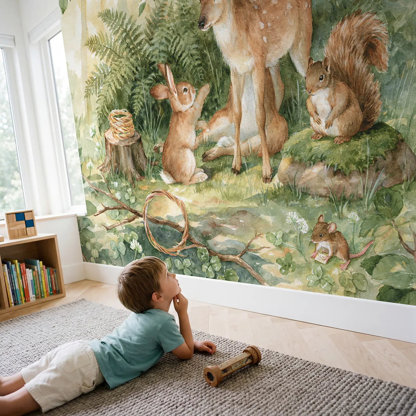 Child in nursery with Deer Antler Ring Toss Wallpaper Mural by Whimsy Tots