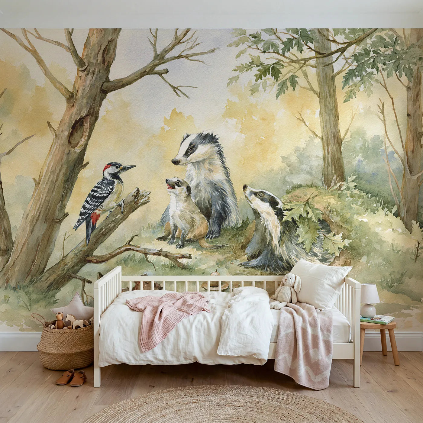 Watercolor woodpecker drumming above a badger sett, wall mural for a toddler room by Whimsy Tots
