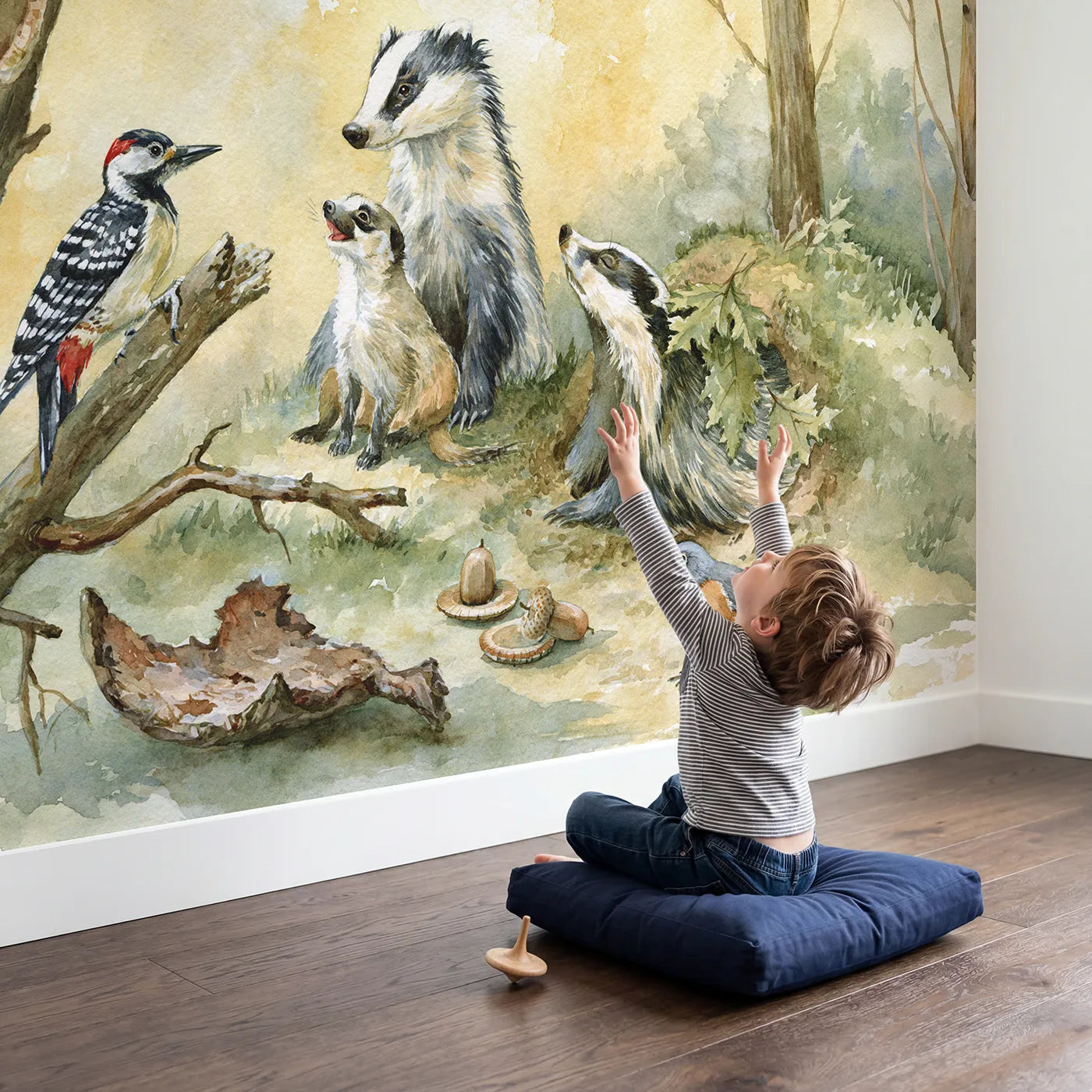 Child in nursery with Woodpecker Alarm Clock Wallpaper Mural by Whimsy Tots