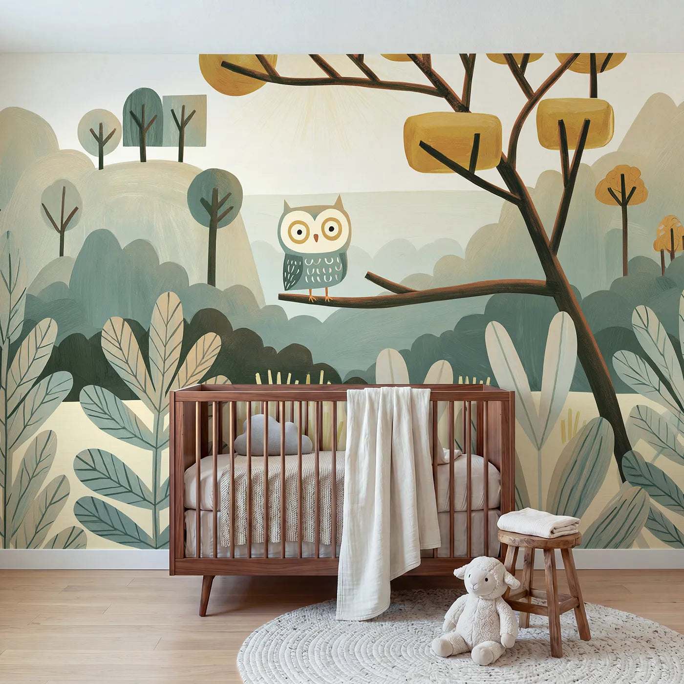 Gouache wall mural of a bold folk owl by Whimsy Tots
