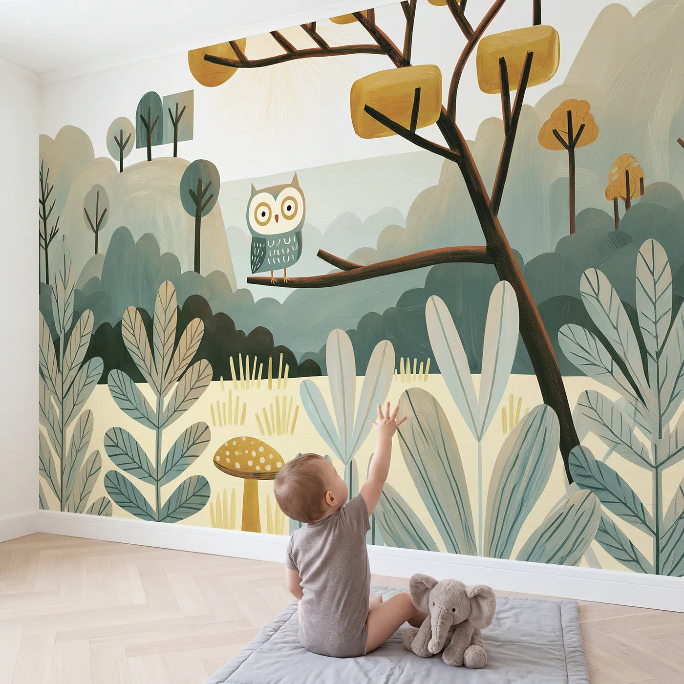 Child in nursery with Folk Owl Shape Wallpaper Mural by Whimsy Tots