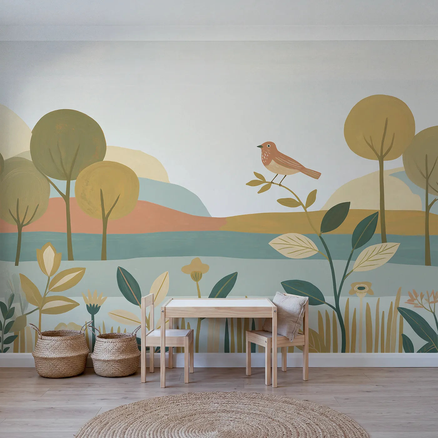 Gouache wall mural of a bold folk songbird by Whimsy Tots