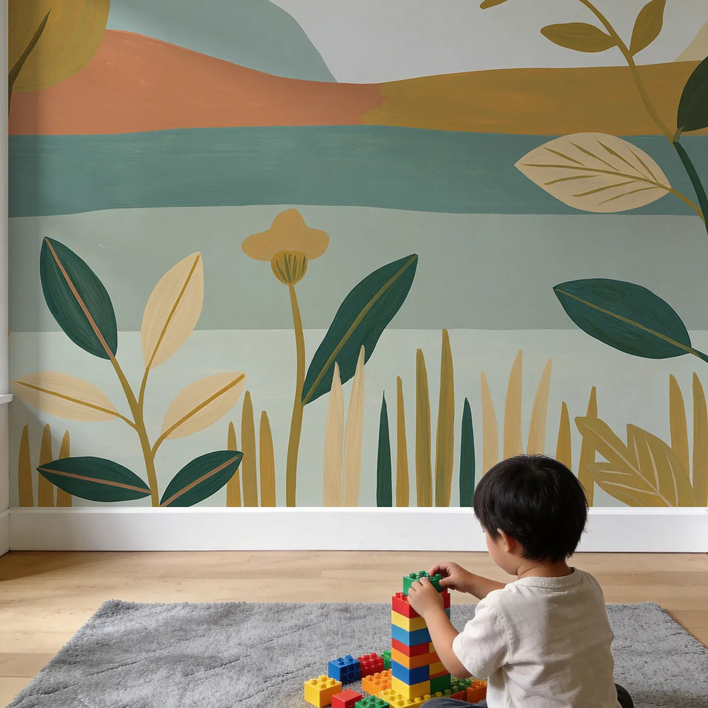 Child in nursery with Folk Songbird Bold Wallpaper Mural by Whimsy Tots