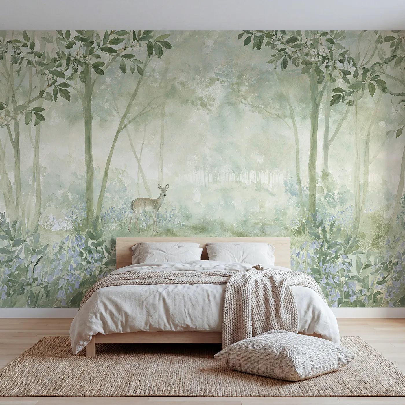 Watercolor wall mural of a deer in bluebell wood by Whimsy Tots