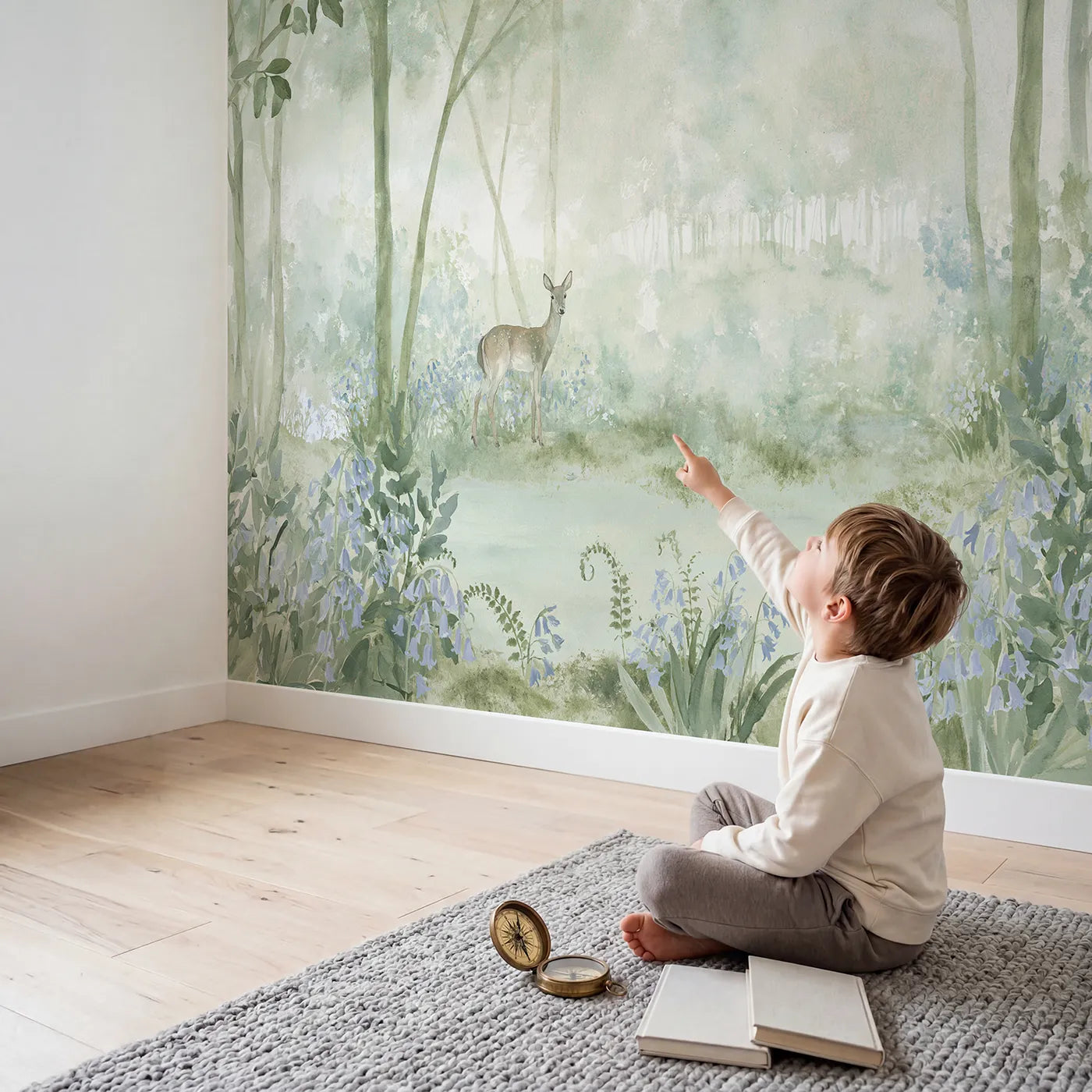 Child in nursery with Bluebell Wood Deer Wallpaper Mural by Whimsy Tots