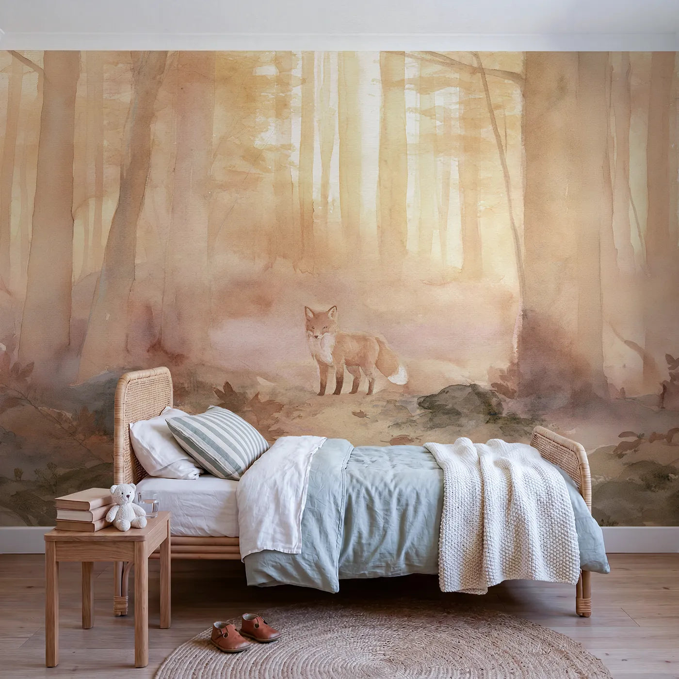 Watercolor wall mural of a fox at golden hour by Whimsy Tots