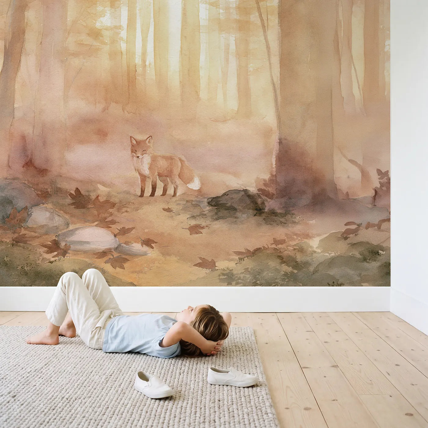 Child in nursery with Golden Hour Fox Wallpaper Mural by Whimsy Tots