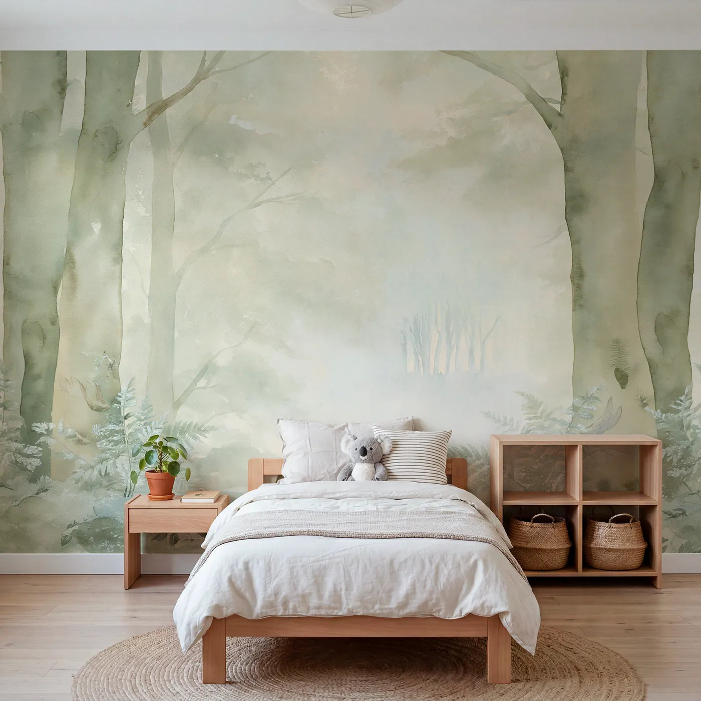 Watercolor wall mural of a hare in morning fog by Whimsy Tots