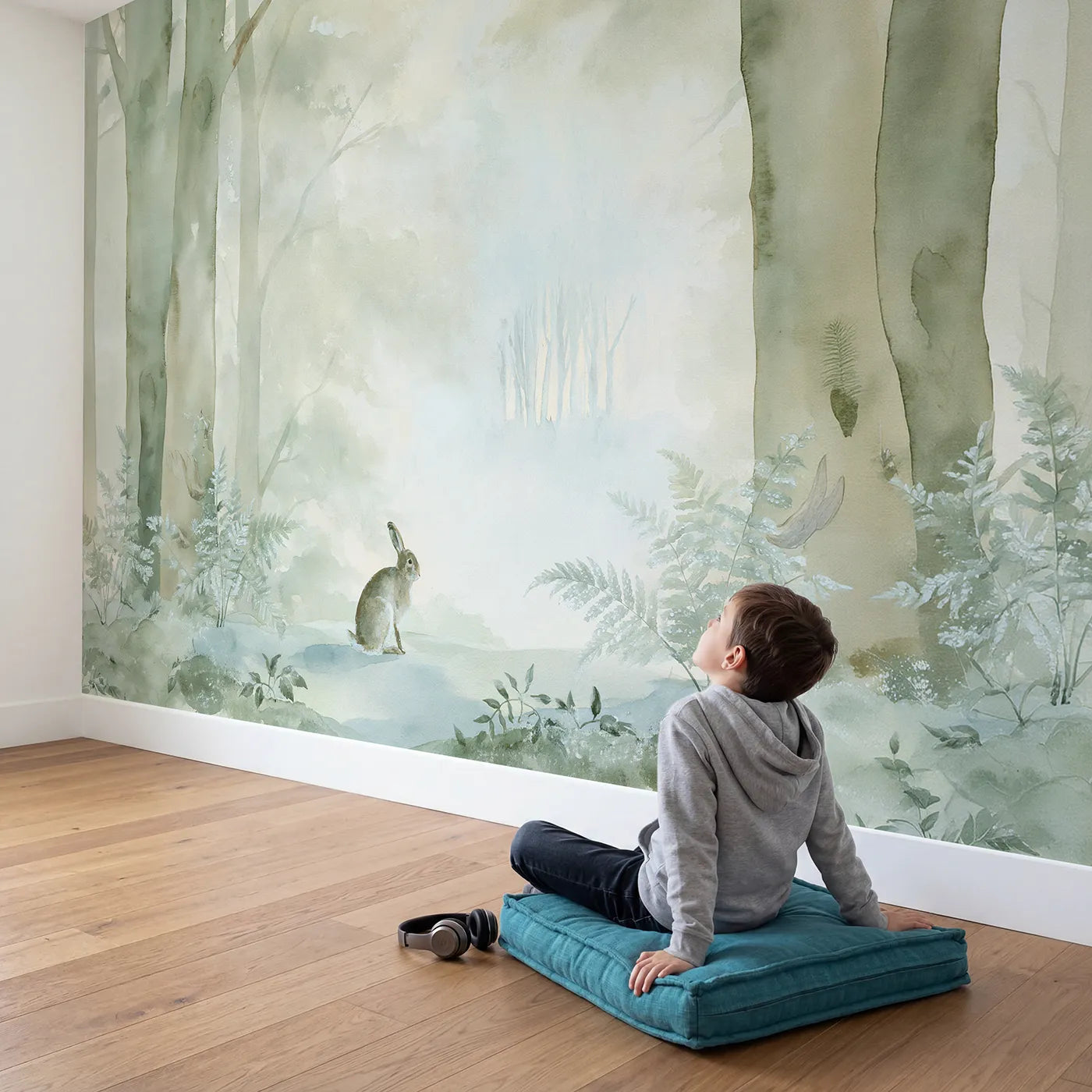 Child in nursery with Foggy Forest Hare Wallpaper Mural by Whimsy Tots