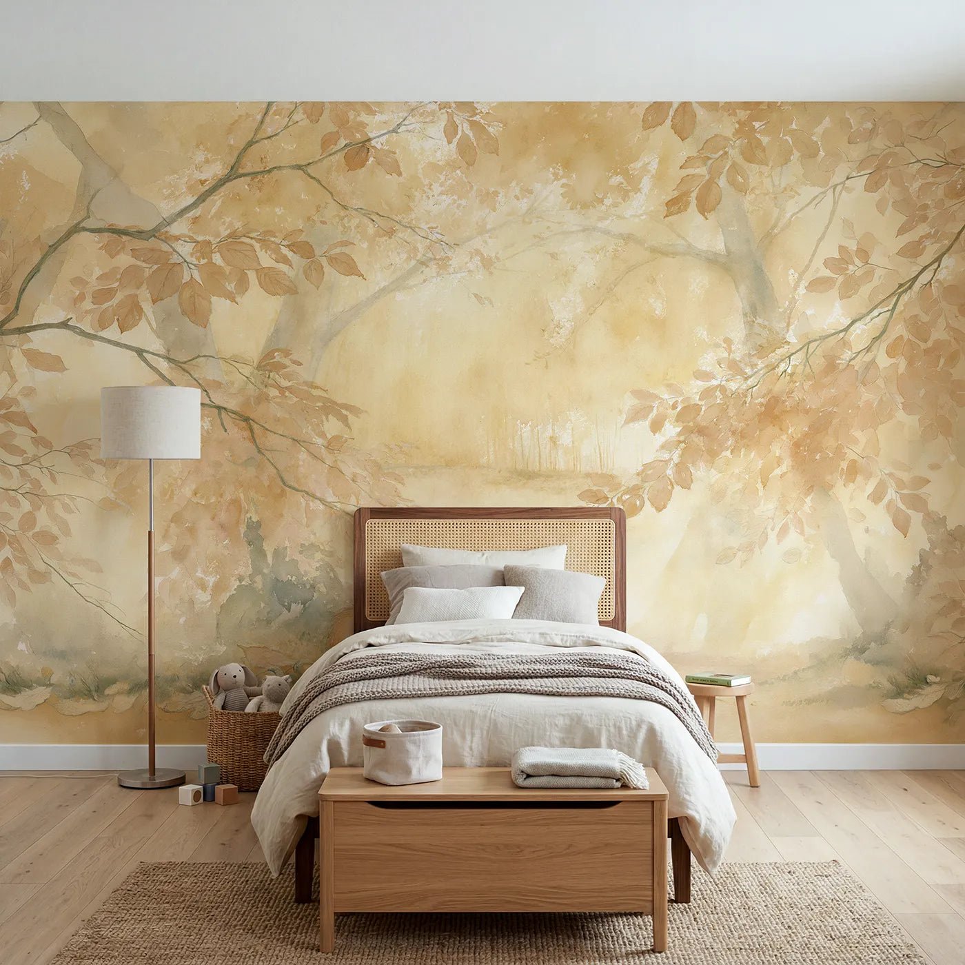 Watercolor wall mural of a squirrel under amber canopy by Whimsy Tots