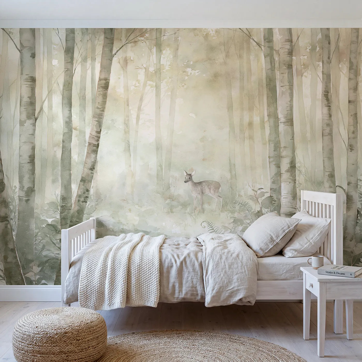 Watercolor wall mural of a deer among misty birches by Whimsy Tots