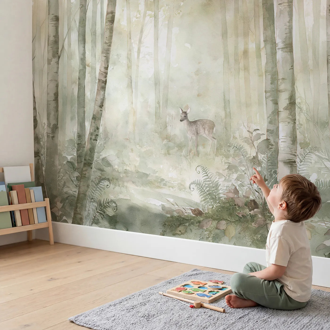 Child in nursery with Misty Birch Deer Wallpaper Mural by Whimsy Tots
