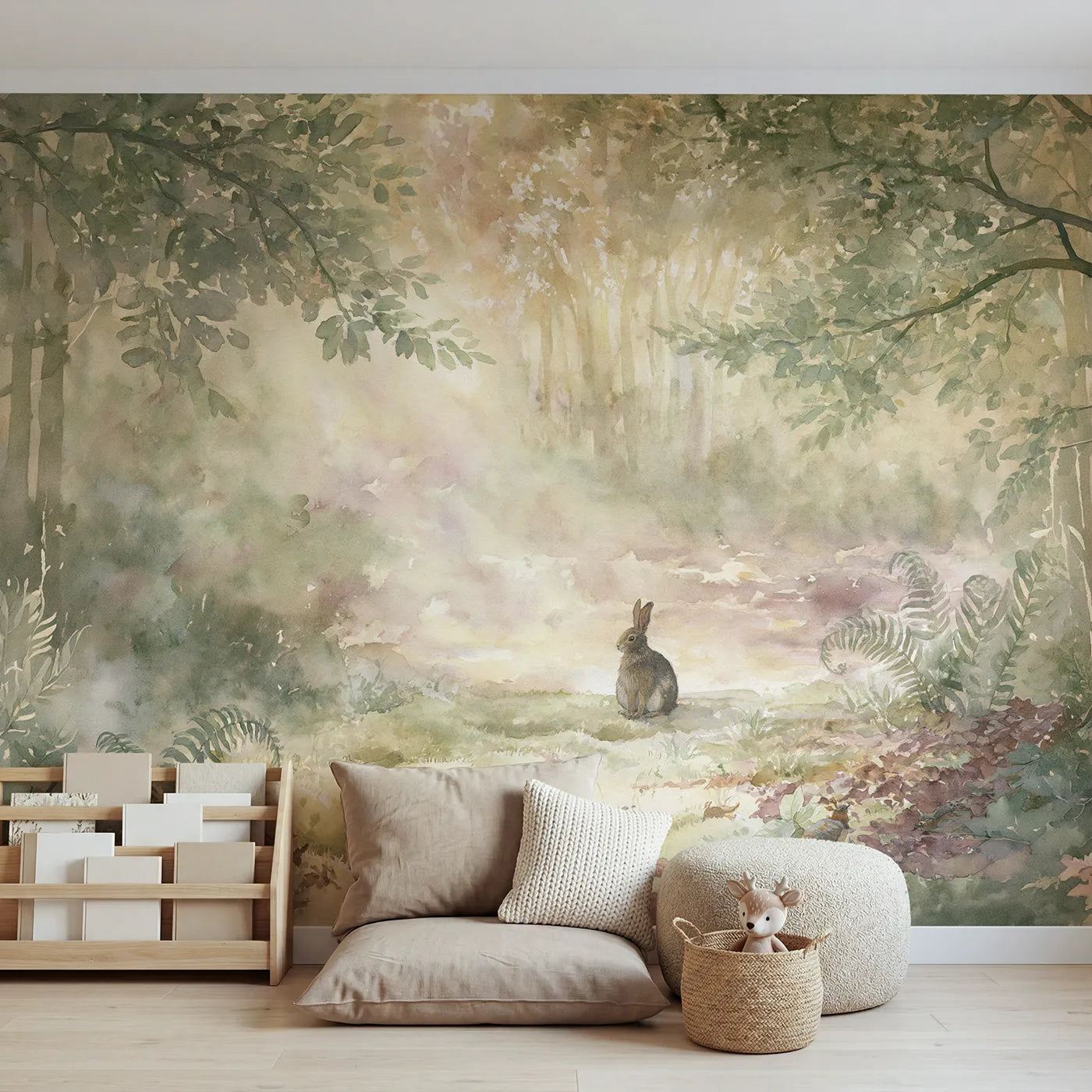 Watercolor wall mural of a rabbit in a dawn glade by Whimsy Tots