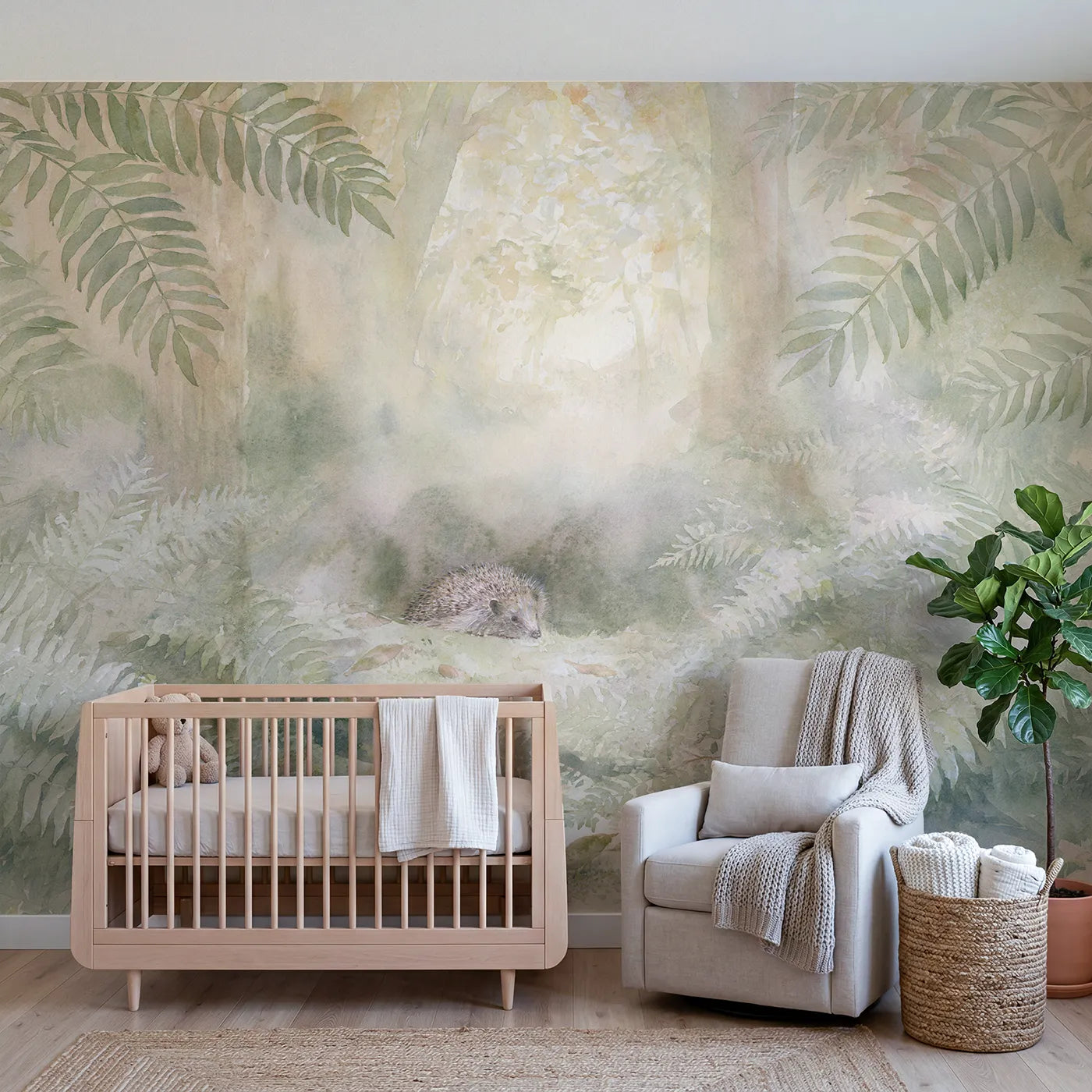 Watercolor wall mural of a hedgehog in a fern hollow by Whimsy Tots