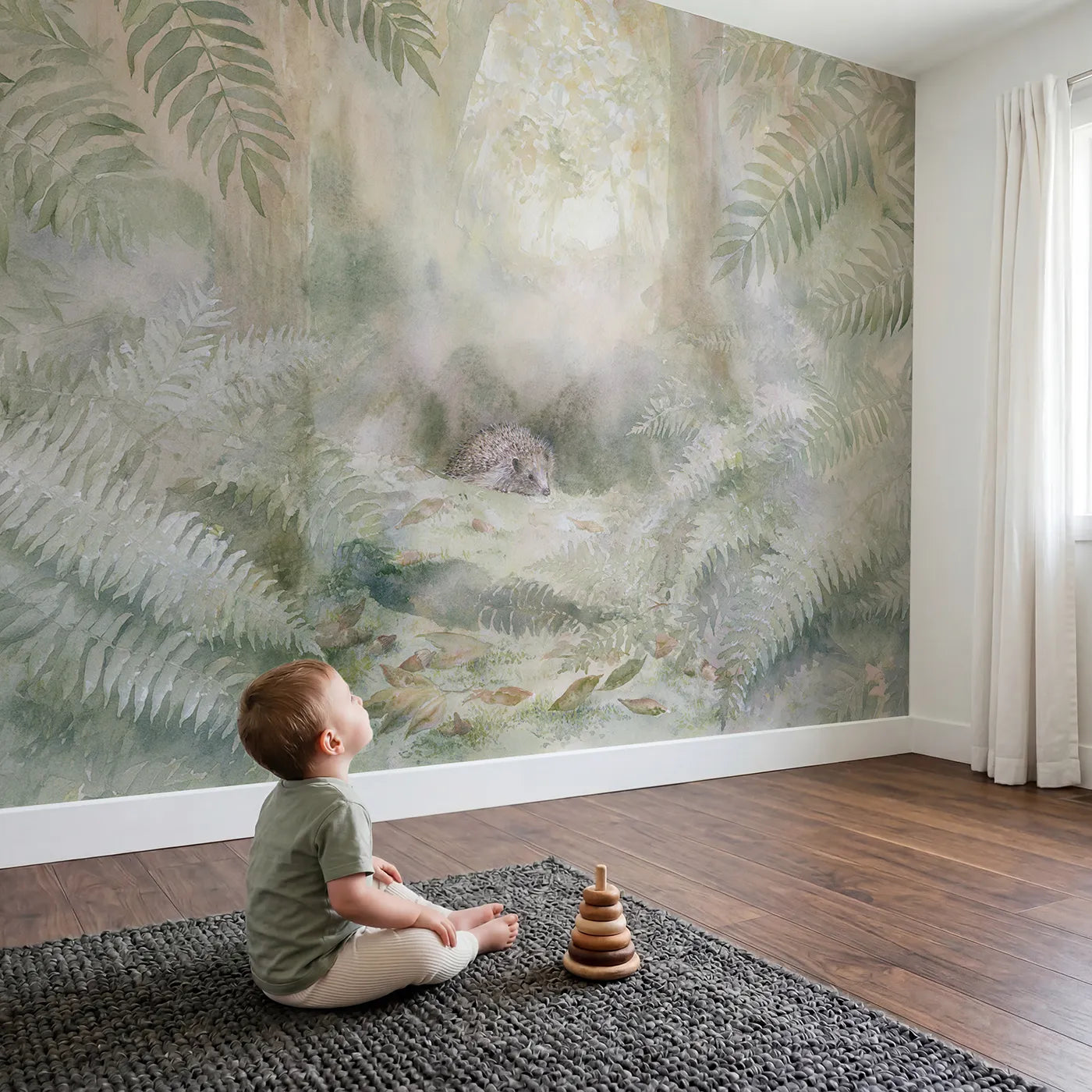 Child in nursery with Fern Hollow Hedgehog Wallpaper Mural by Whimsy Tots
