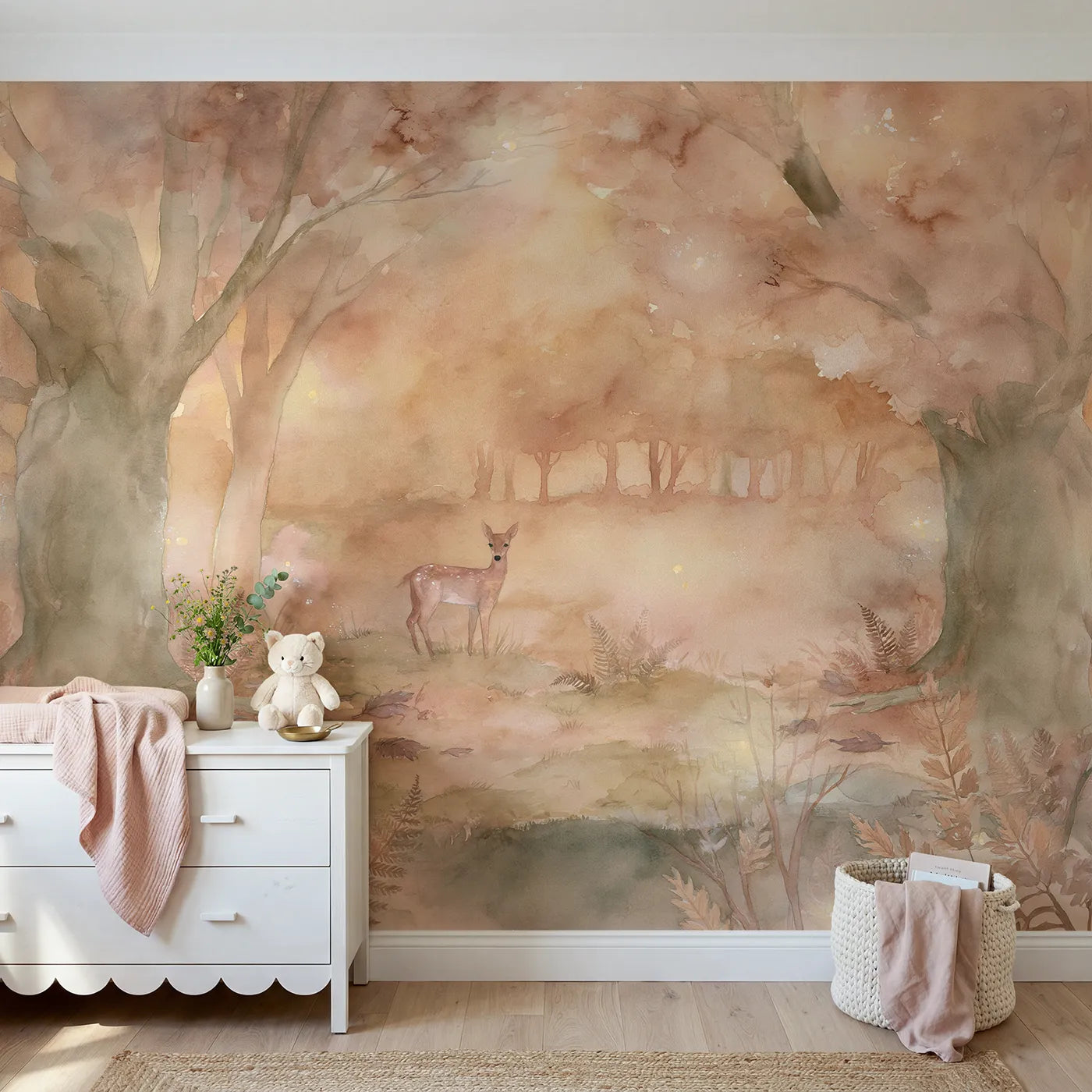 Watercolor wall mural of a deer among fireflies by Whimsy Tots