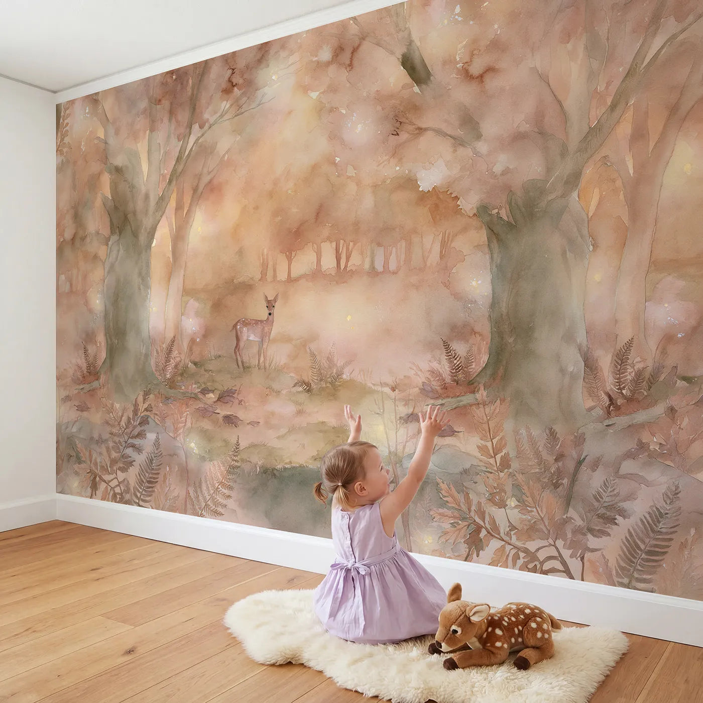 Child in nursery with Firefly Dusk Deer Wallpaper Mural by Whimsy Tots