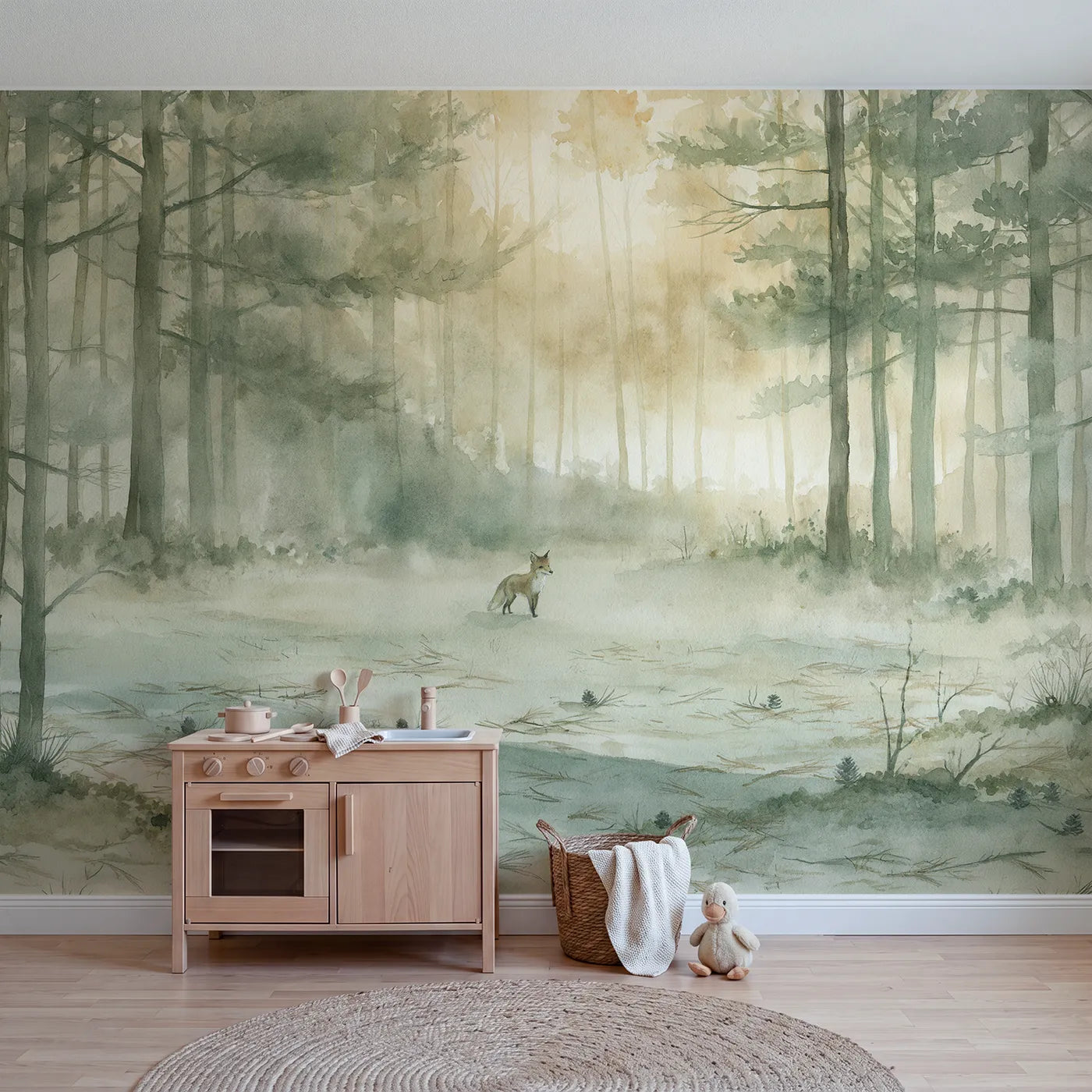 Watercolor wall mural of a fox in hazy pinewood by Whimsy Tots