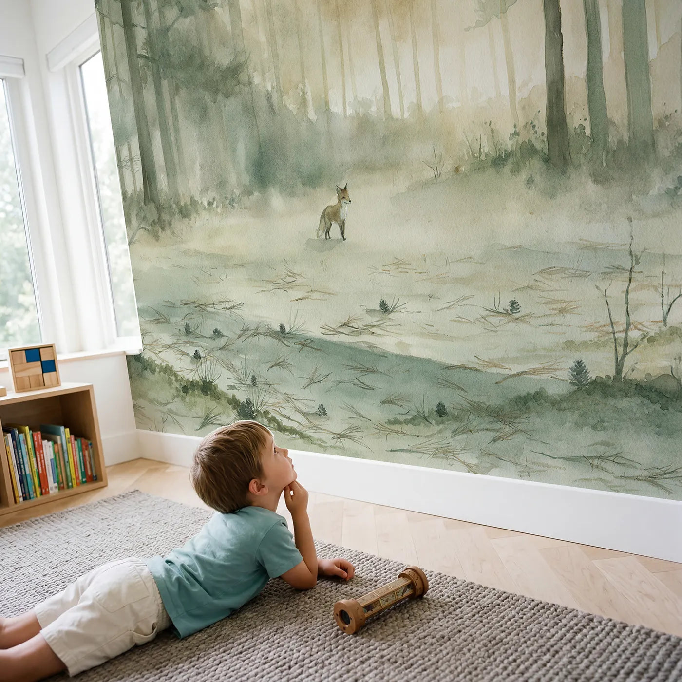 Child in nursery with Hazy Pinewood Fox Wallpaper Mural by Whimsy Tots