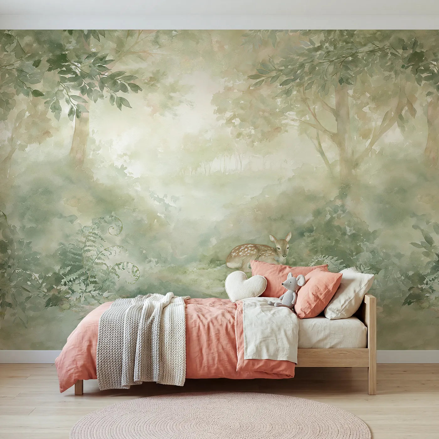 Watercolor wall mural of a fawn in a mossy glen by Whimsy Tots