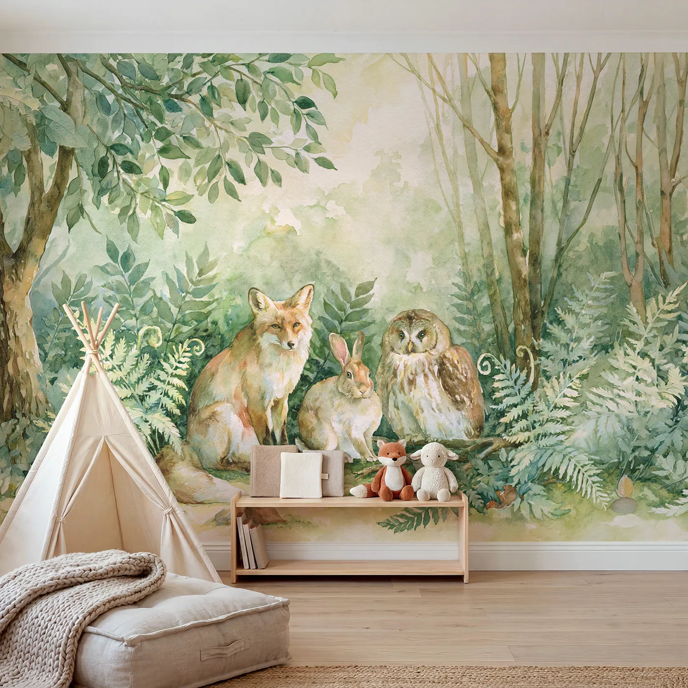 Watercolor wall mural of a woodland animal trio by Whimsy Tots