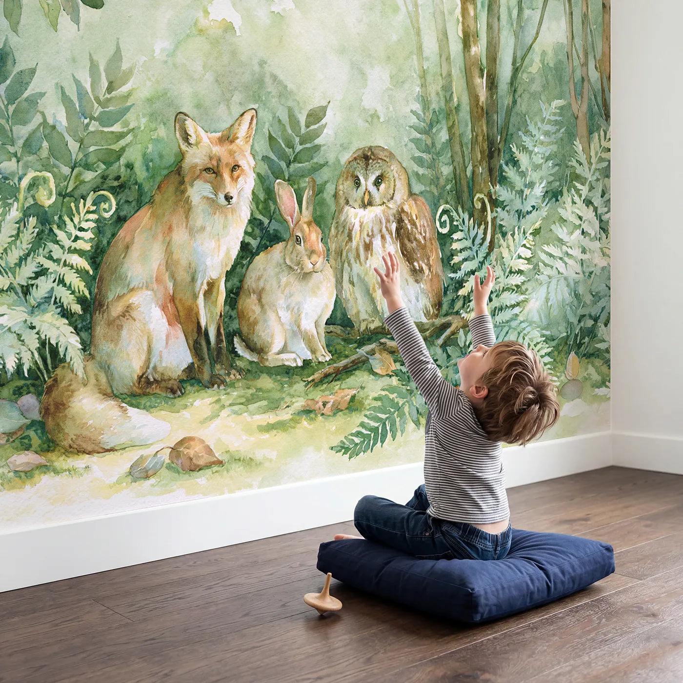 Child in nursery with Woodland Animal Trio Wallpaper Mural by Whimsy Tots